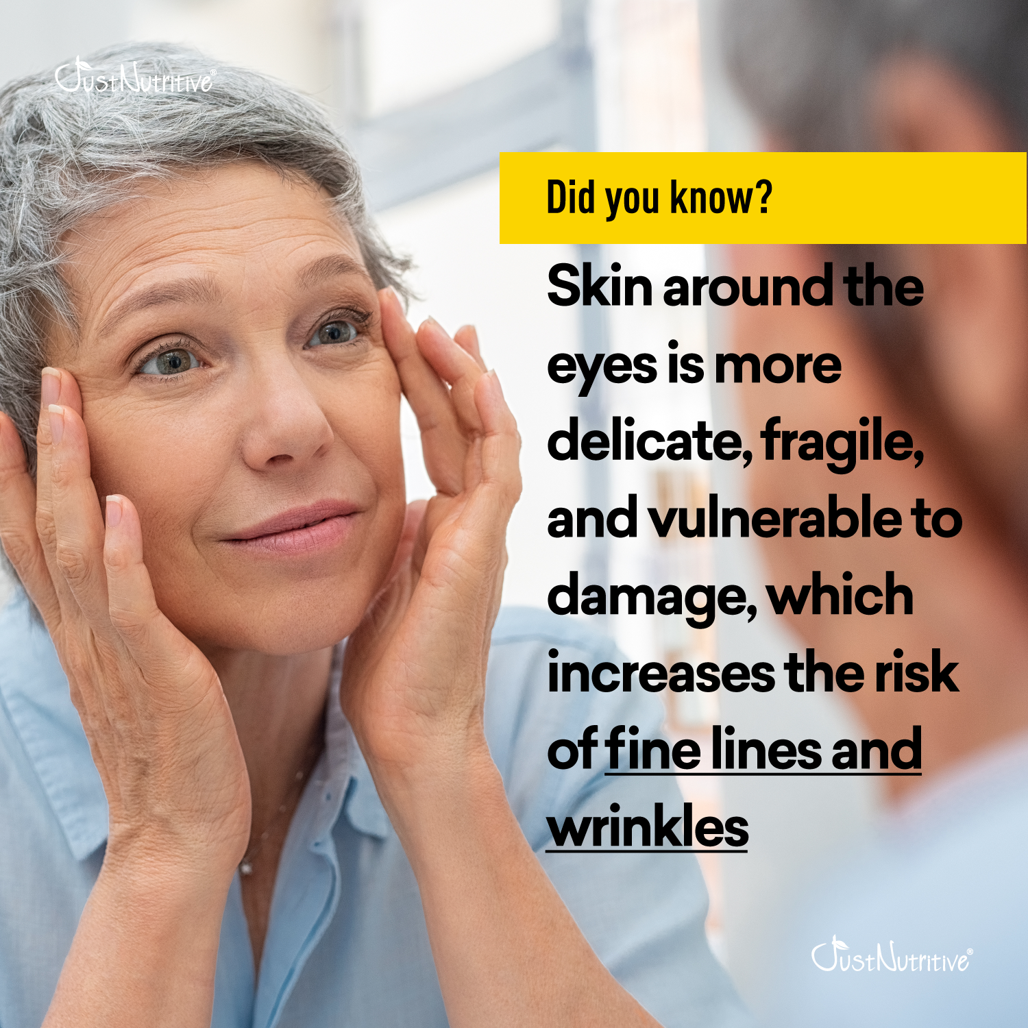 Woman touching her face with text about eye skin sensitivity