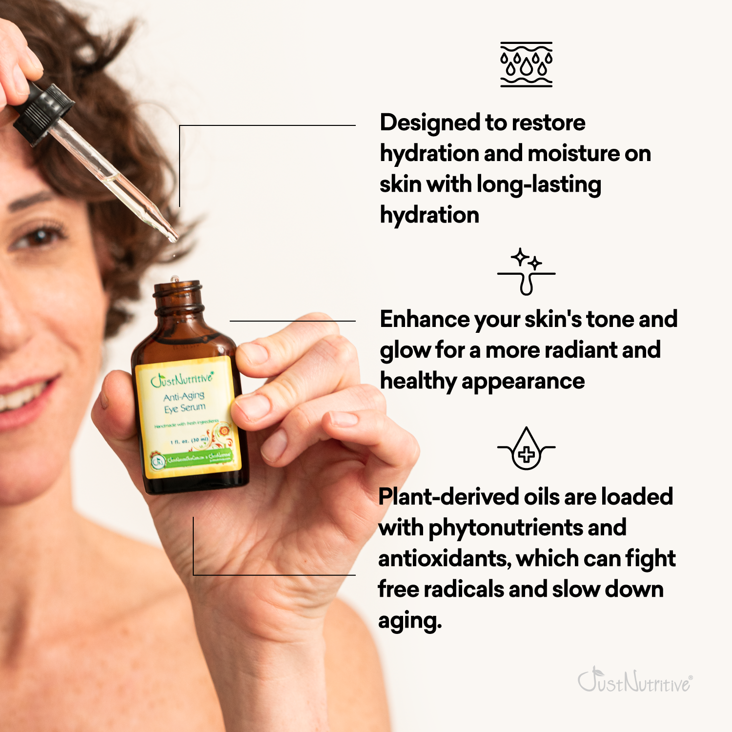 Woman holding a bottle of Chanturne eye serum with product features highlighted.