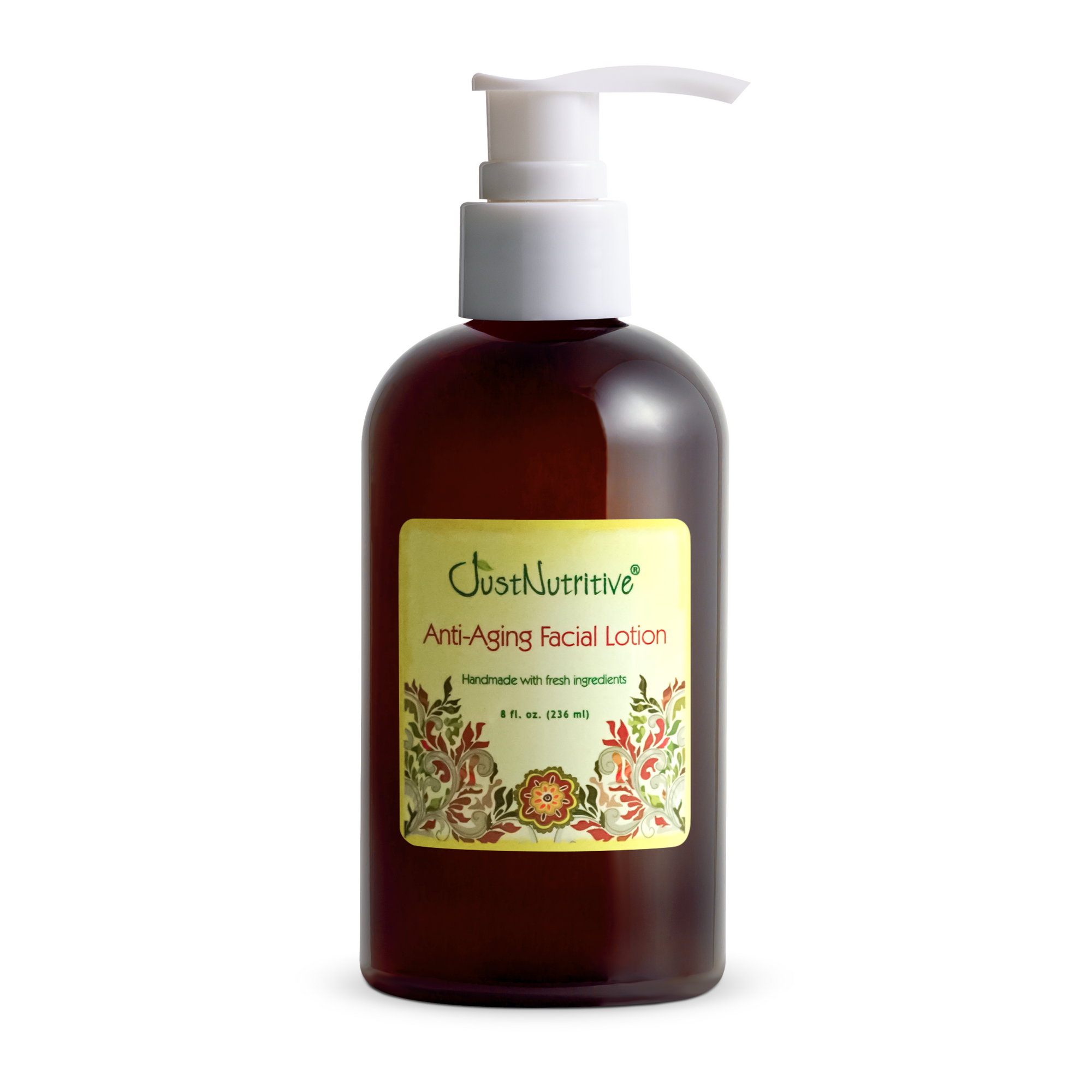 Amber bottle of anti-aging facial lotion with a pump on a white background
