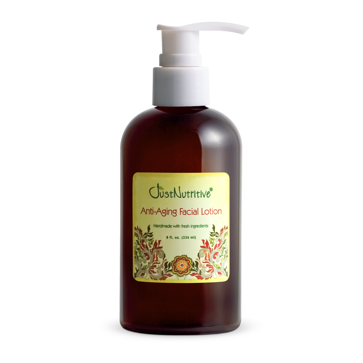 Brown bottle of anti-aging facial lotion with a pump on a white background