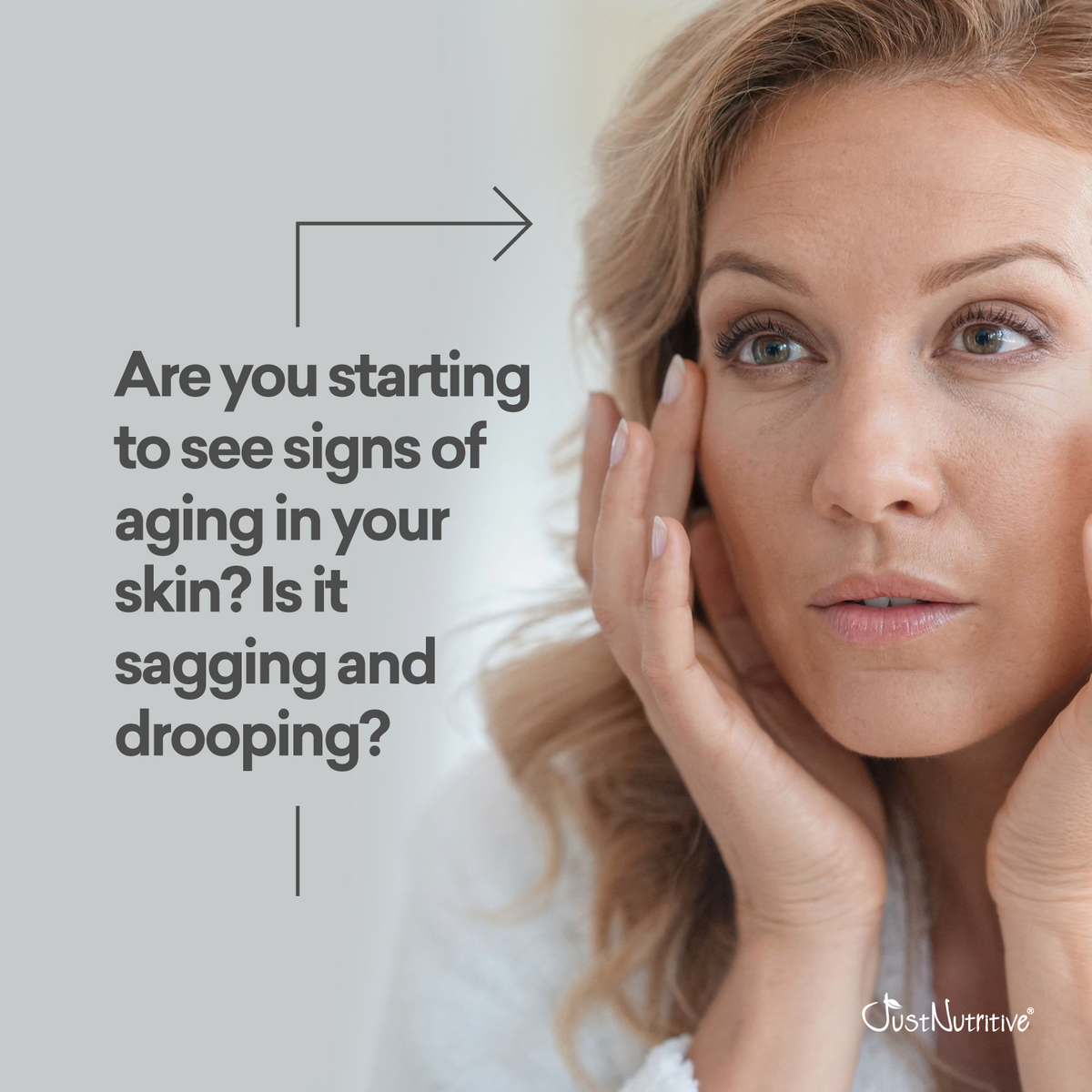 Woman touching her face with text about skin aging and signs of sagging.