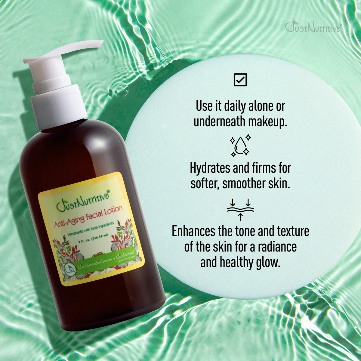 OustNurtive Anti-Aging Facial Lotion bottle with product benefits on a green water background