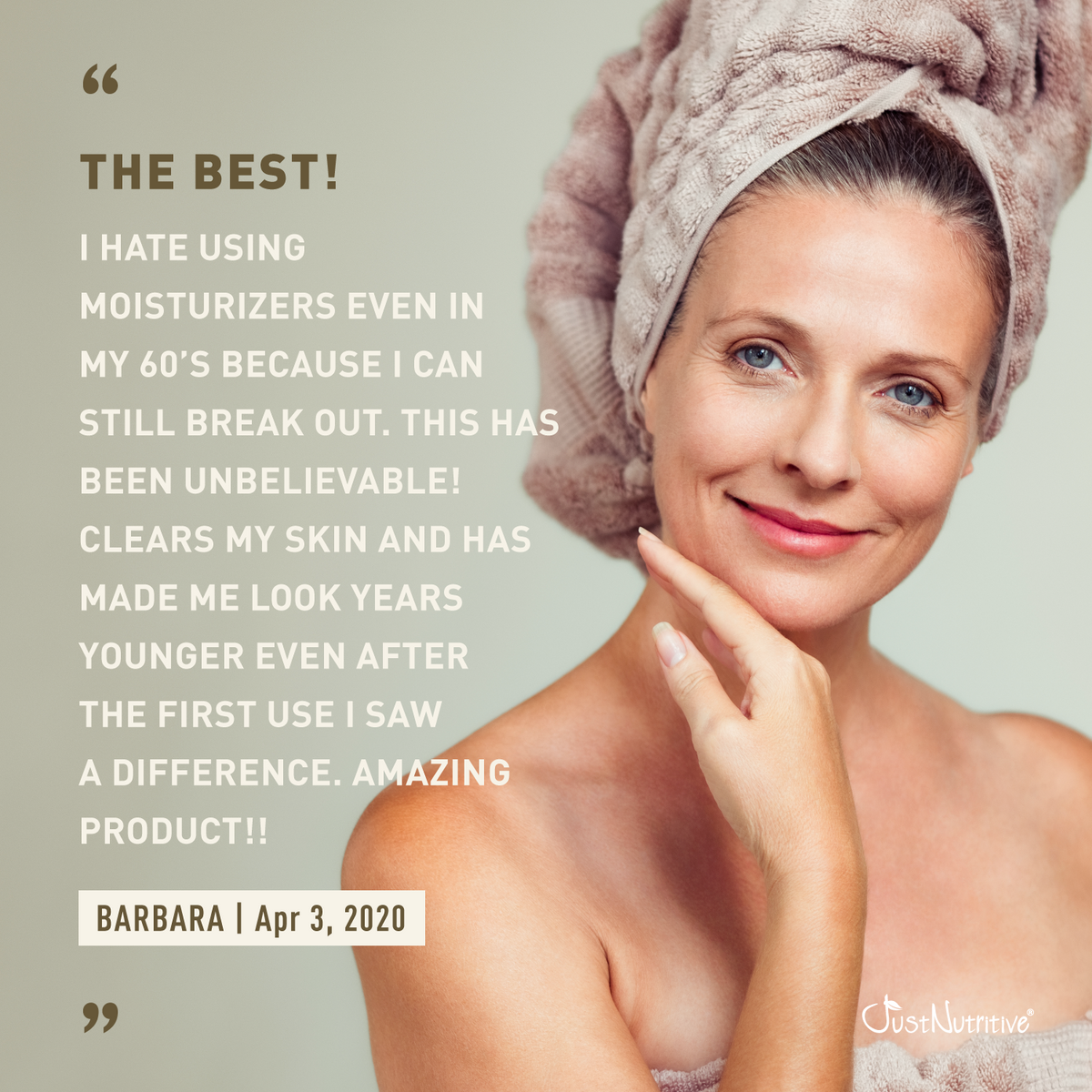 Woman with towel on head, using moisturizer with product review text.