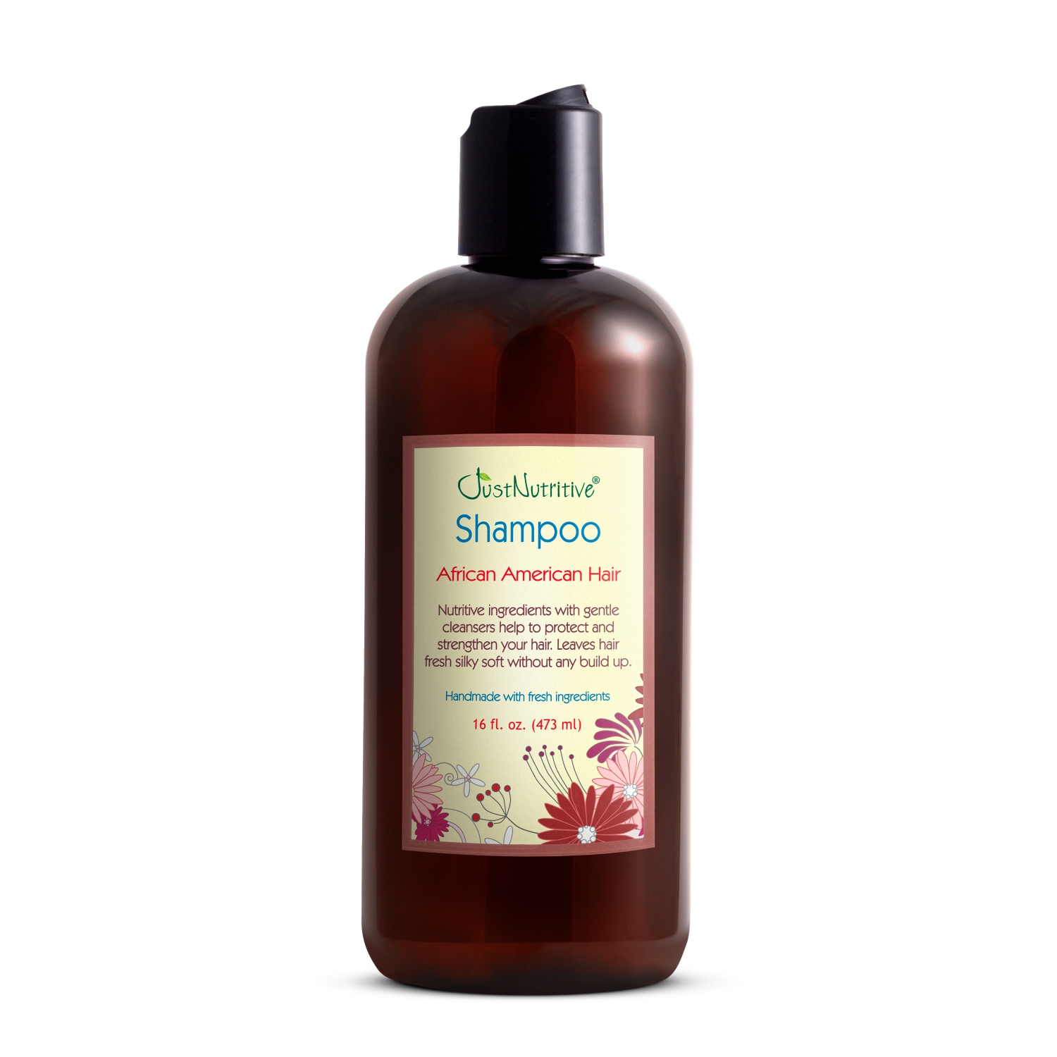 Brown shampoo bottle with a label on a white background