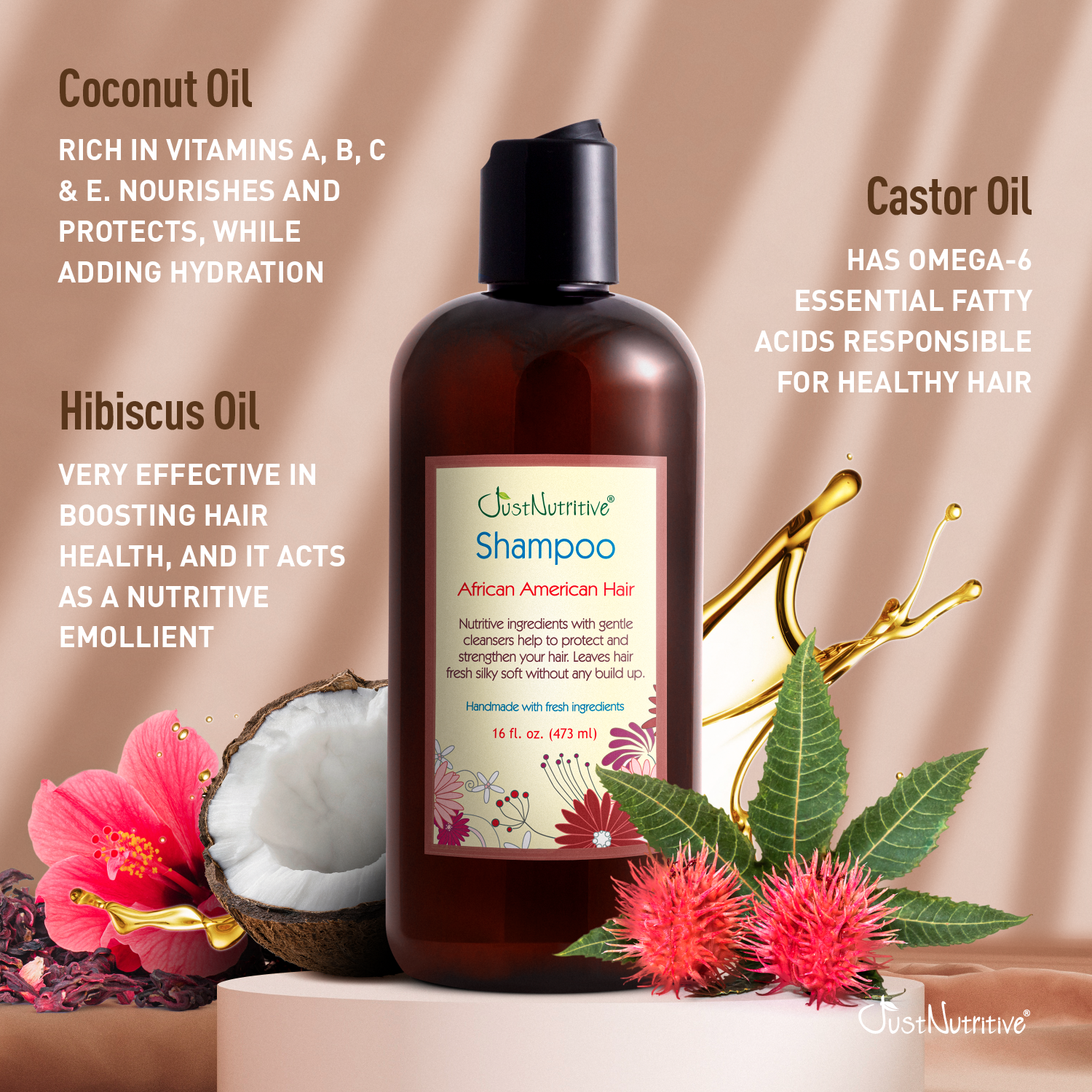 CoastNurture shampoo bottle with ingredients listed on a decorative background