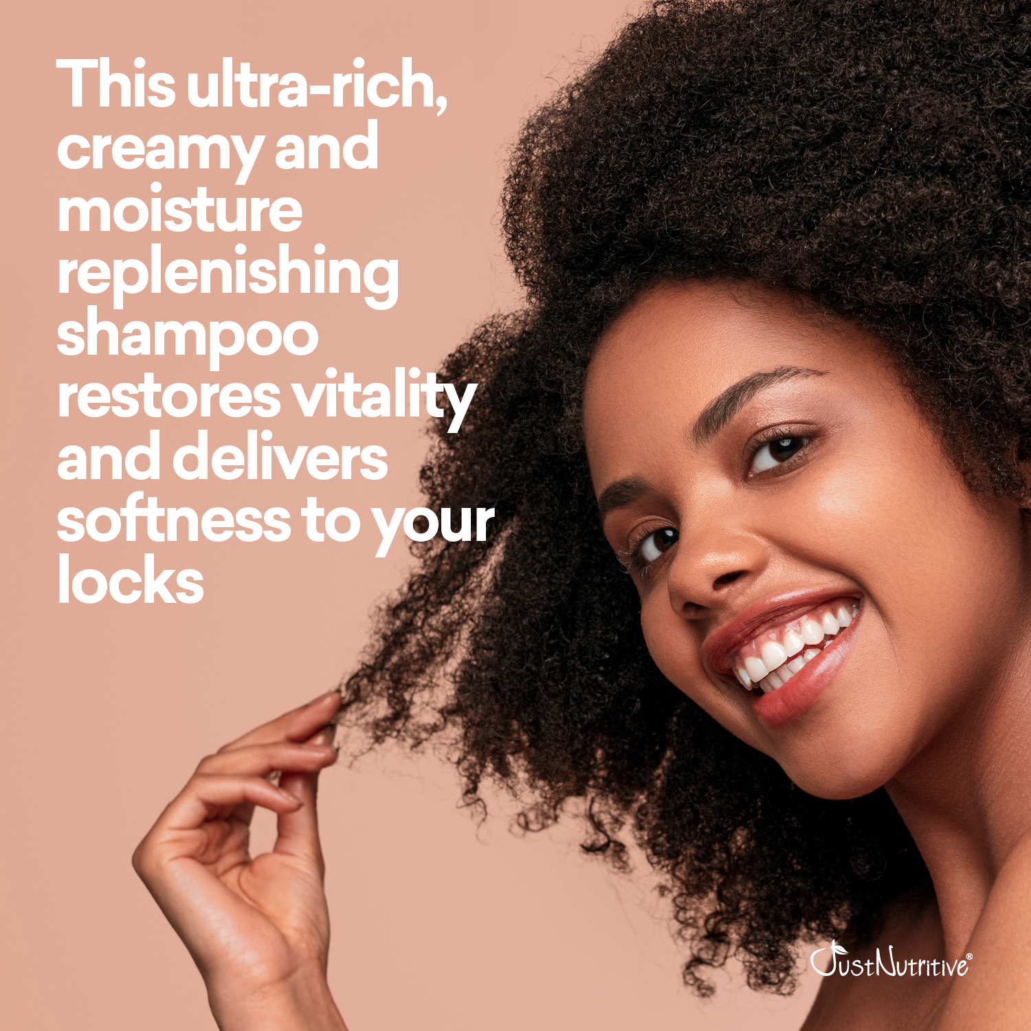 Woman with curly hair against a beige background with promotional text about shampoo.