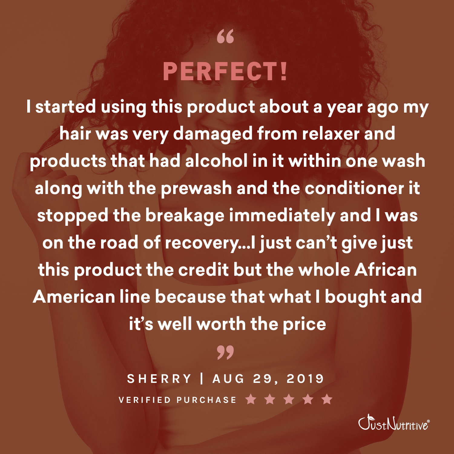 Person with text overlay about a hair care product, with 'Just Nutritive' logo.