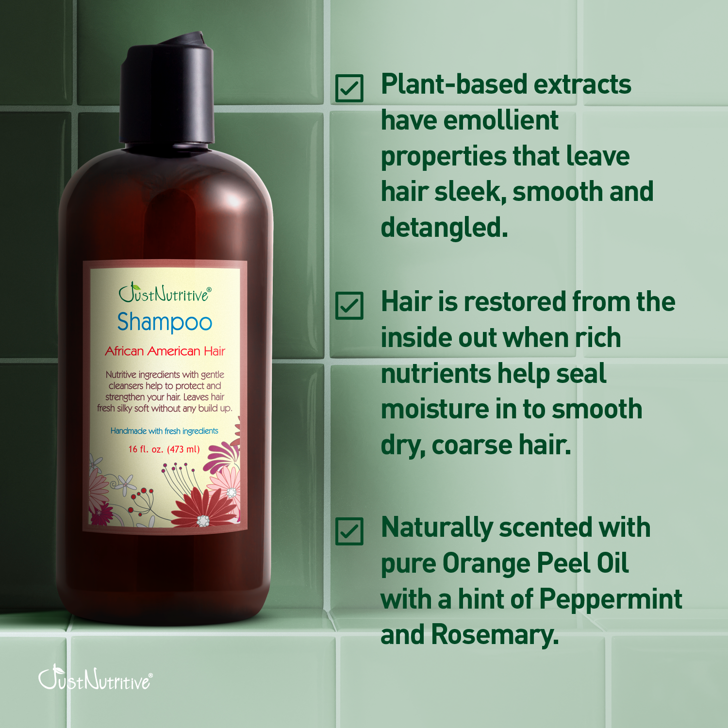 Shampoo bottle with label on a green tiled background
