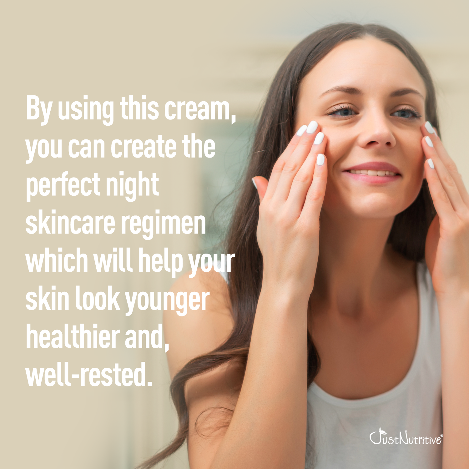 Woman applying cream to her face with text about skincare regimen