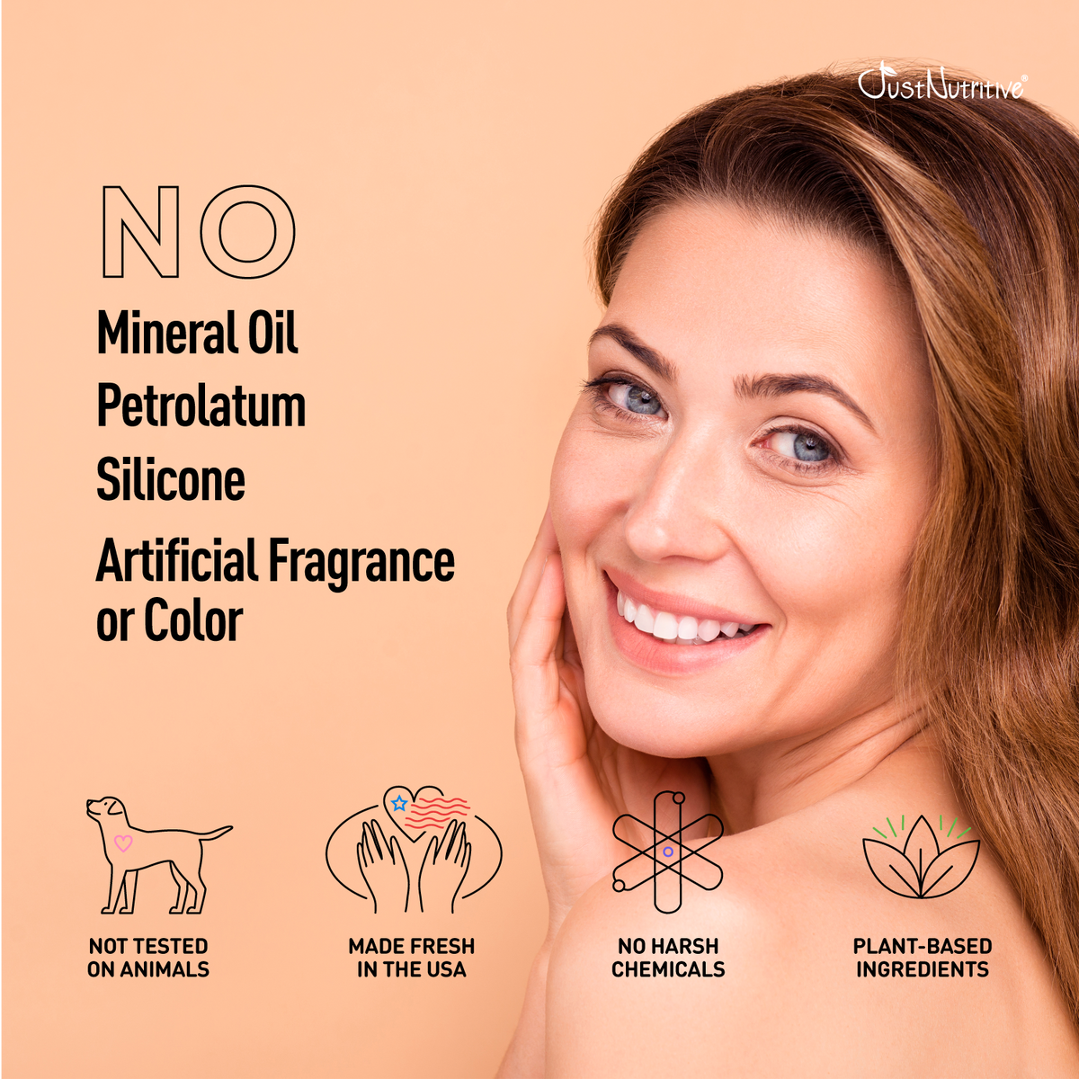 Woman with smooth skin on a beige background with JustVitamins branding, highlighting product features.