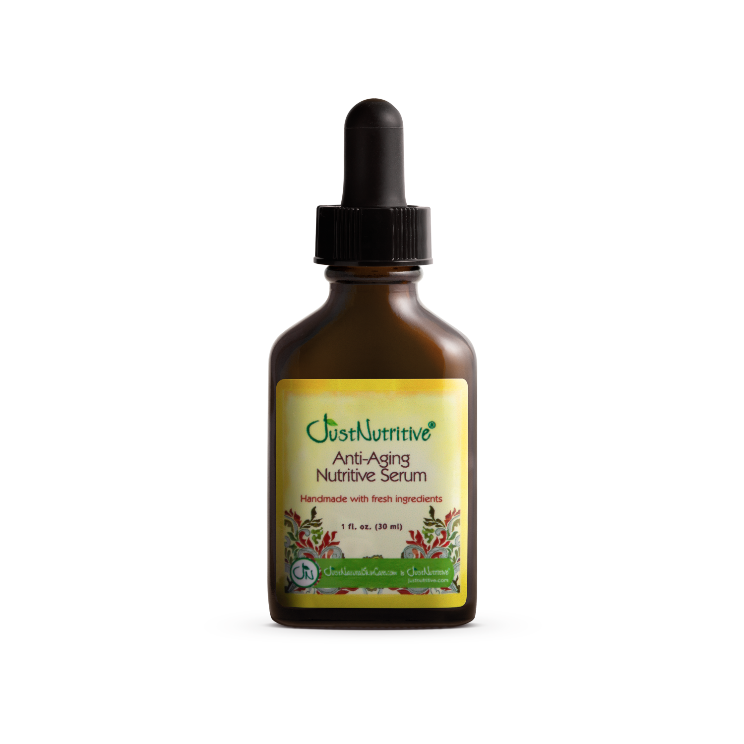 Brown glass bottle with dropper labeled 'Just Nutritive' on a white background
