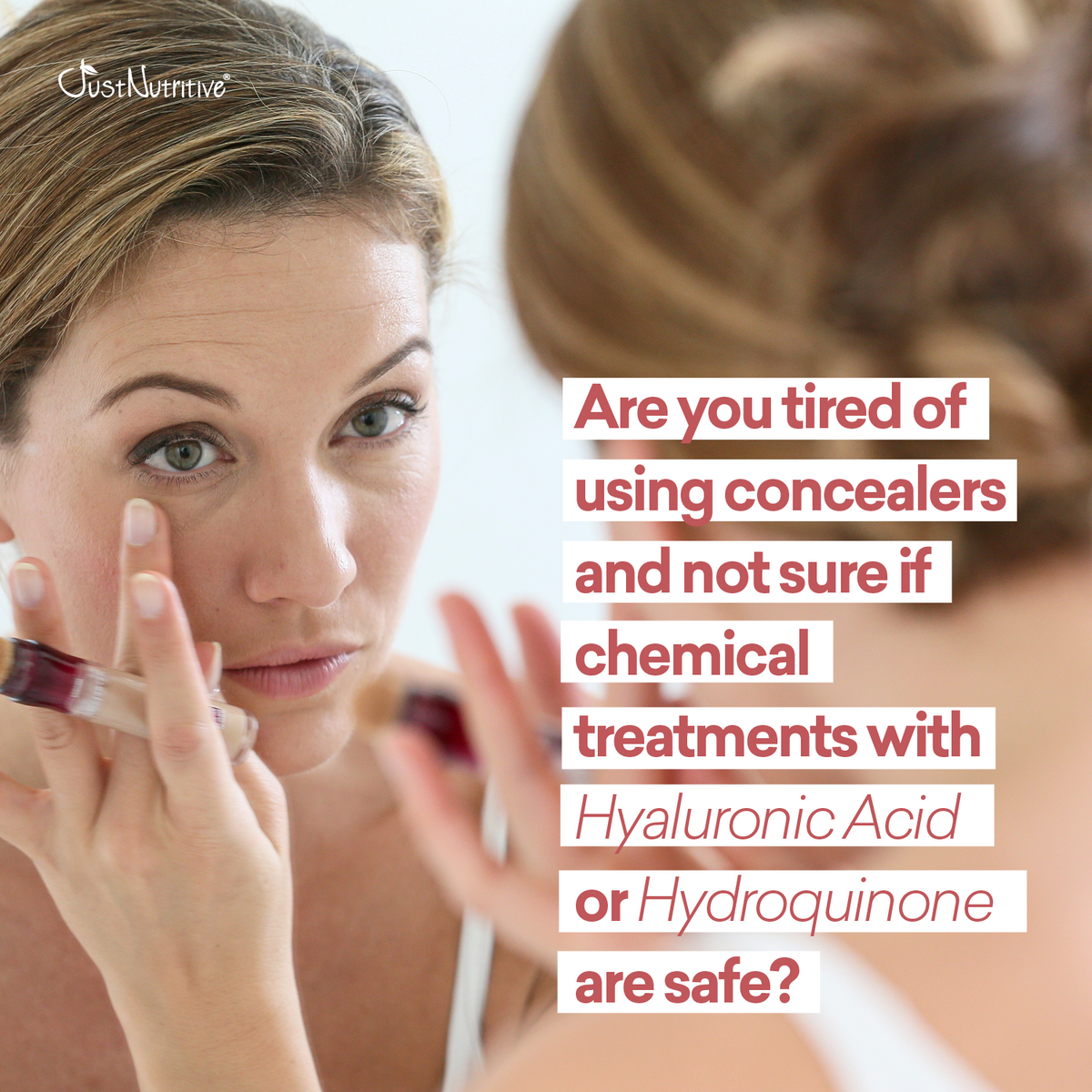 Woman applying makeup with text about chemical treatments on a white background
