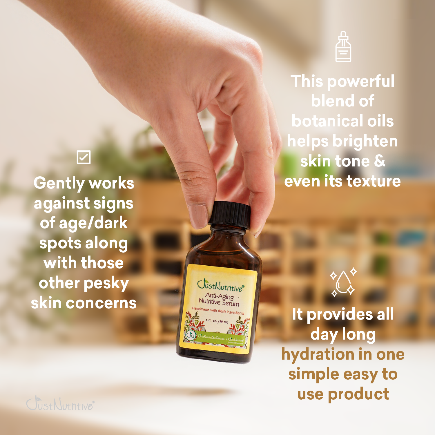 Hand holding a bottle of natural serum with text about its benefits on a blurred background