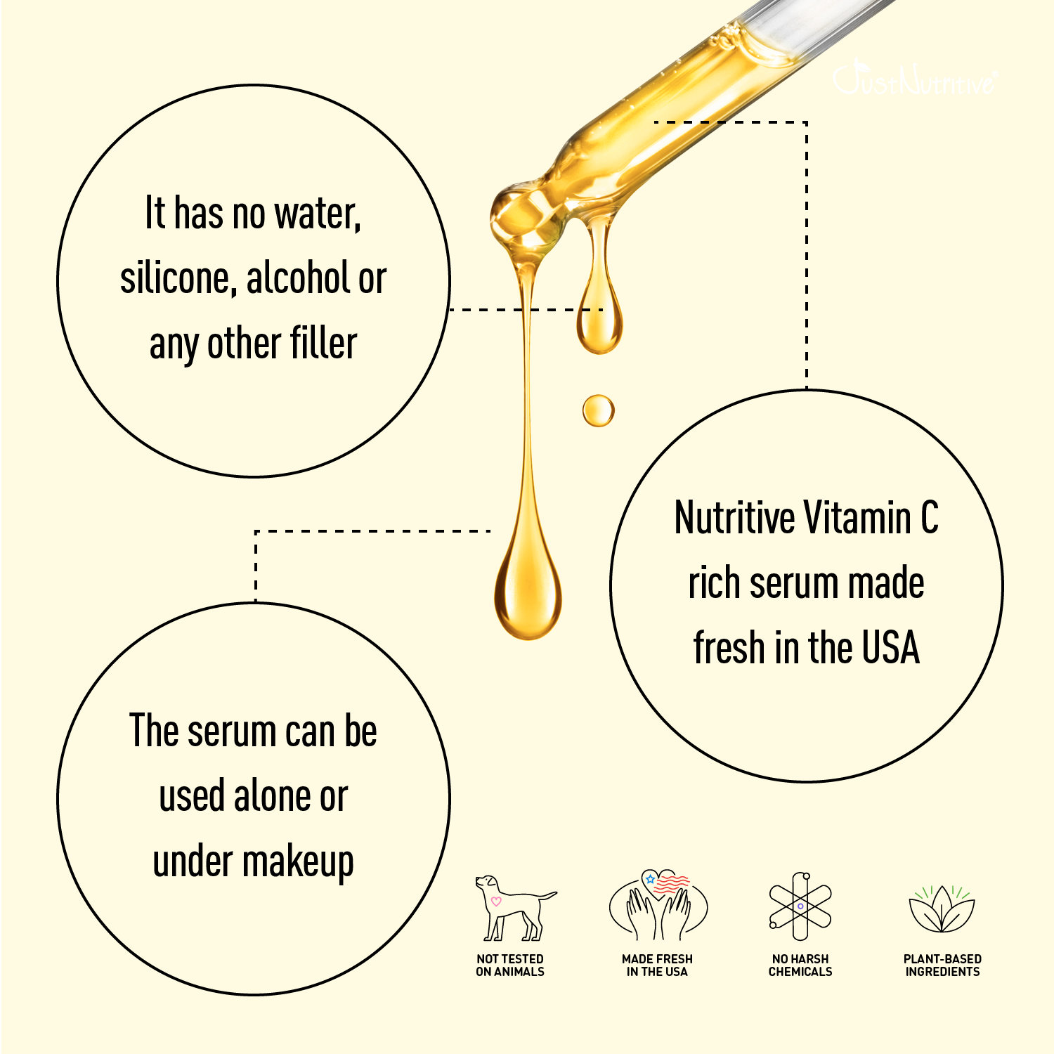 Vitamin C serum dropper with text highlighting features on a beige background