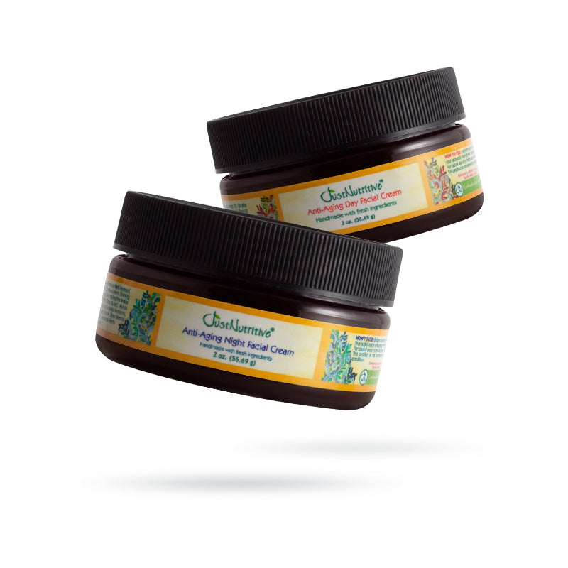 Two jars of Just Nutritive Anti-Aging Day and Night Facial Cream on a white background