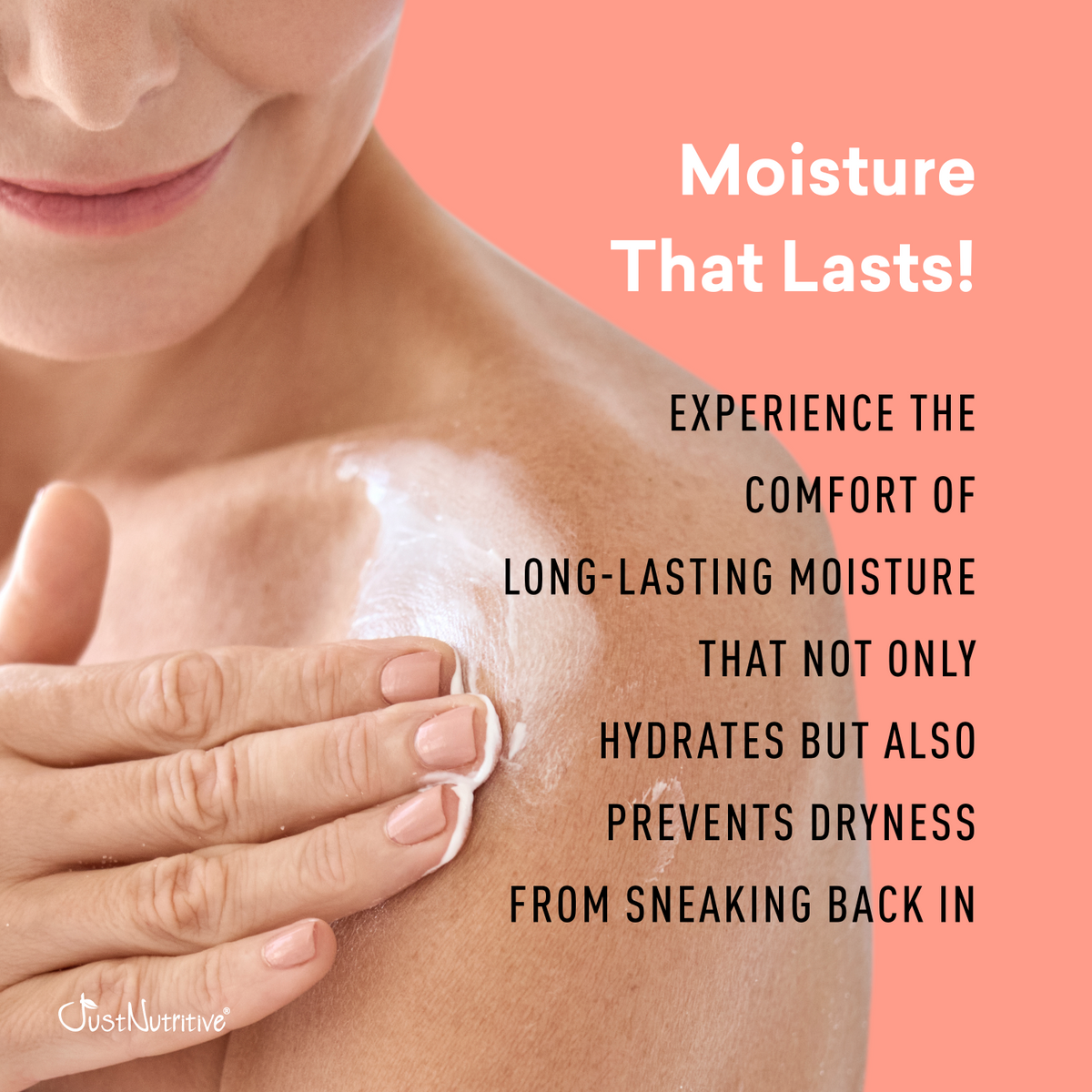 Person applying cream to shoulder with text about long-lasting moisture