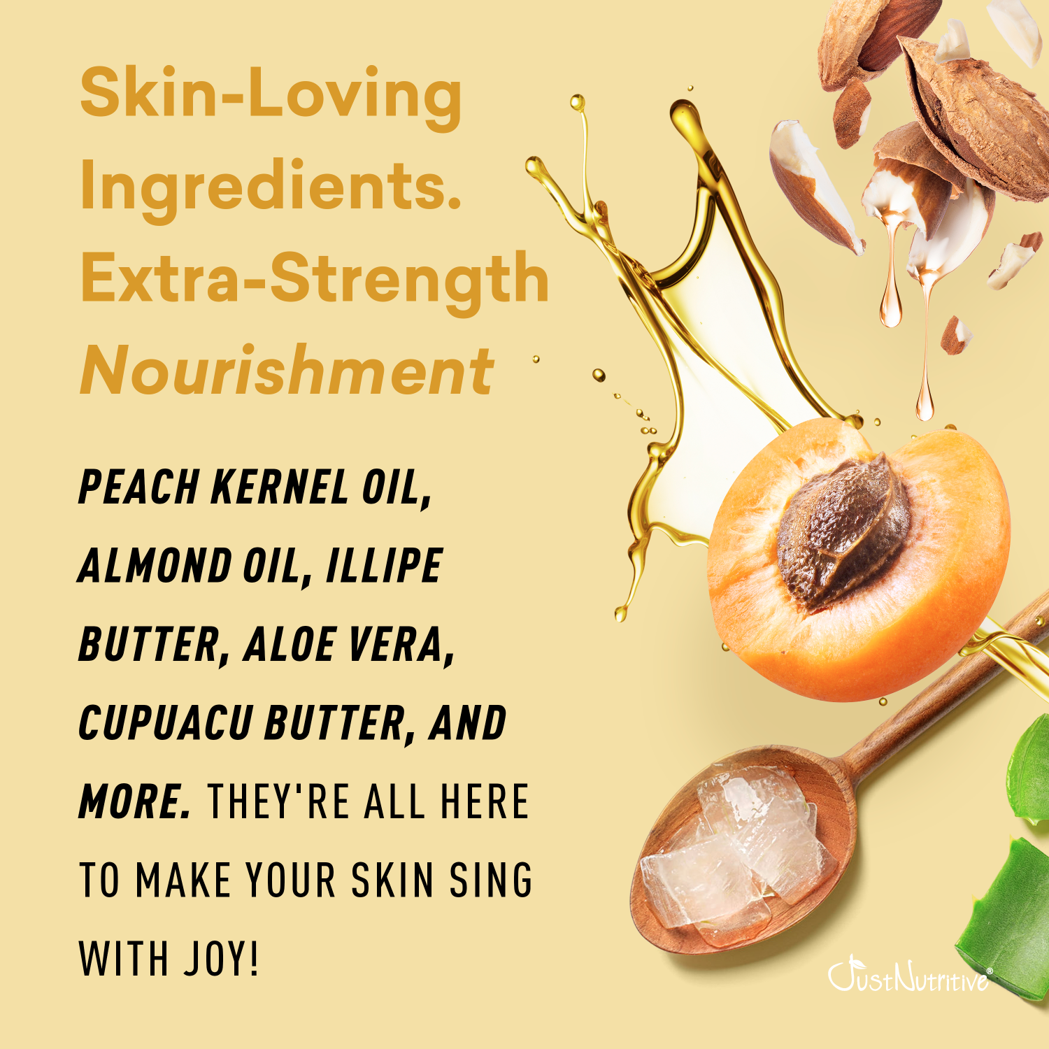 Advertisement for skin care products with ingredients listed on a yellow background