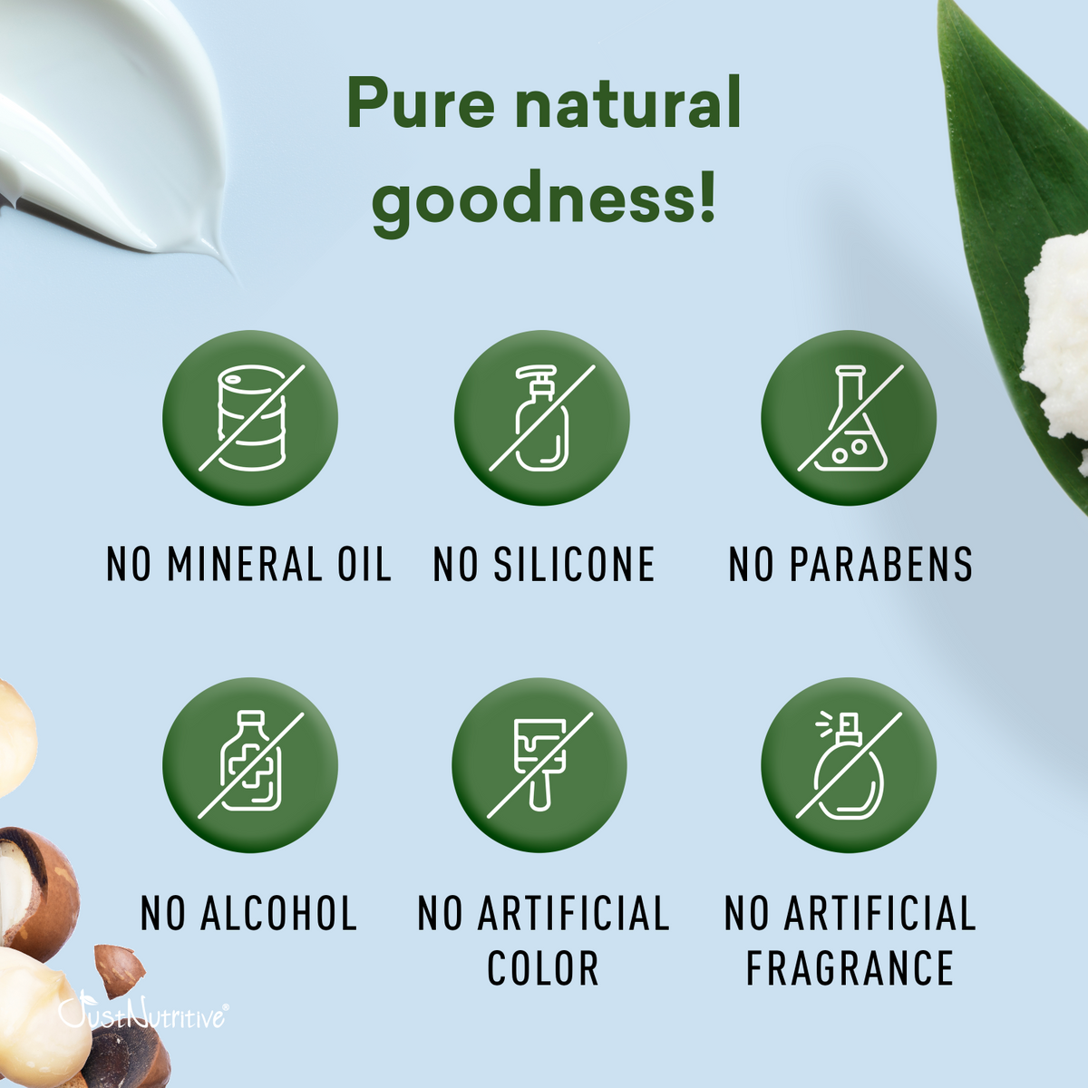 Product packaging with icons and text highlighting natural ingredients and ingredient-free claims on a light blue background.