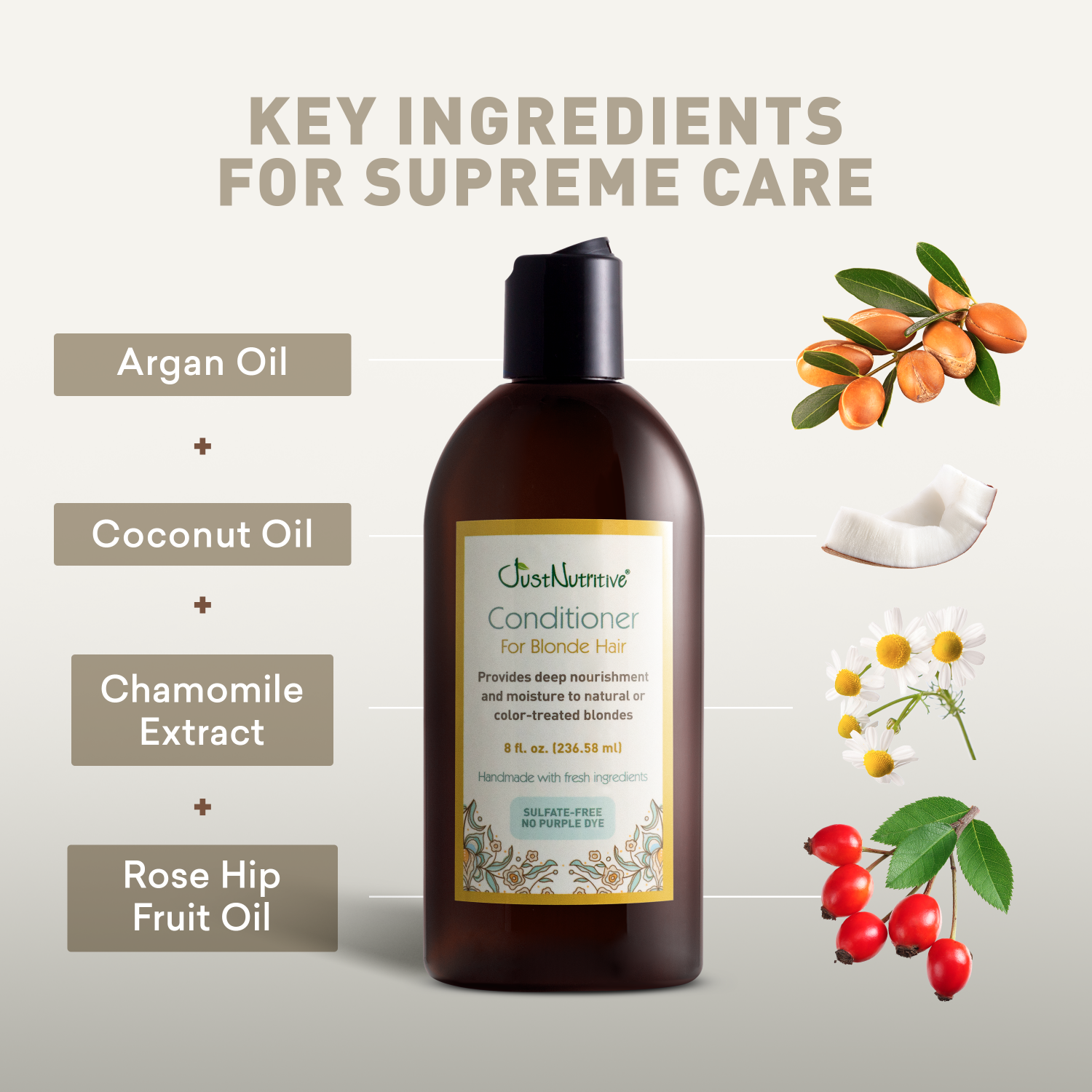 Conditioner bottle with key ingredients for supreme care on a light gray background