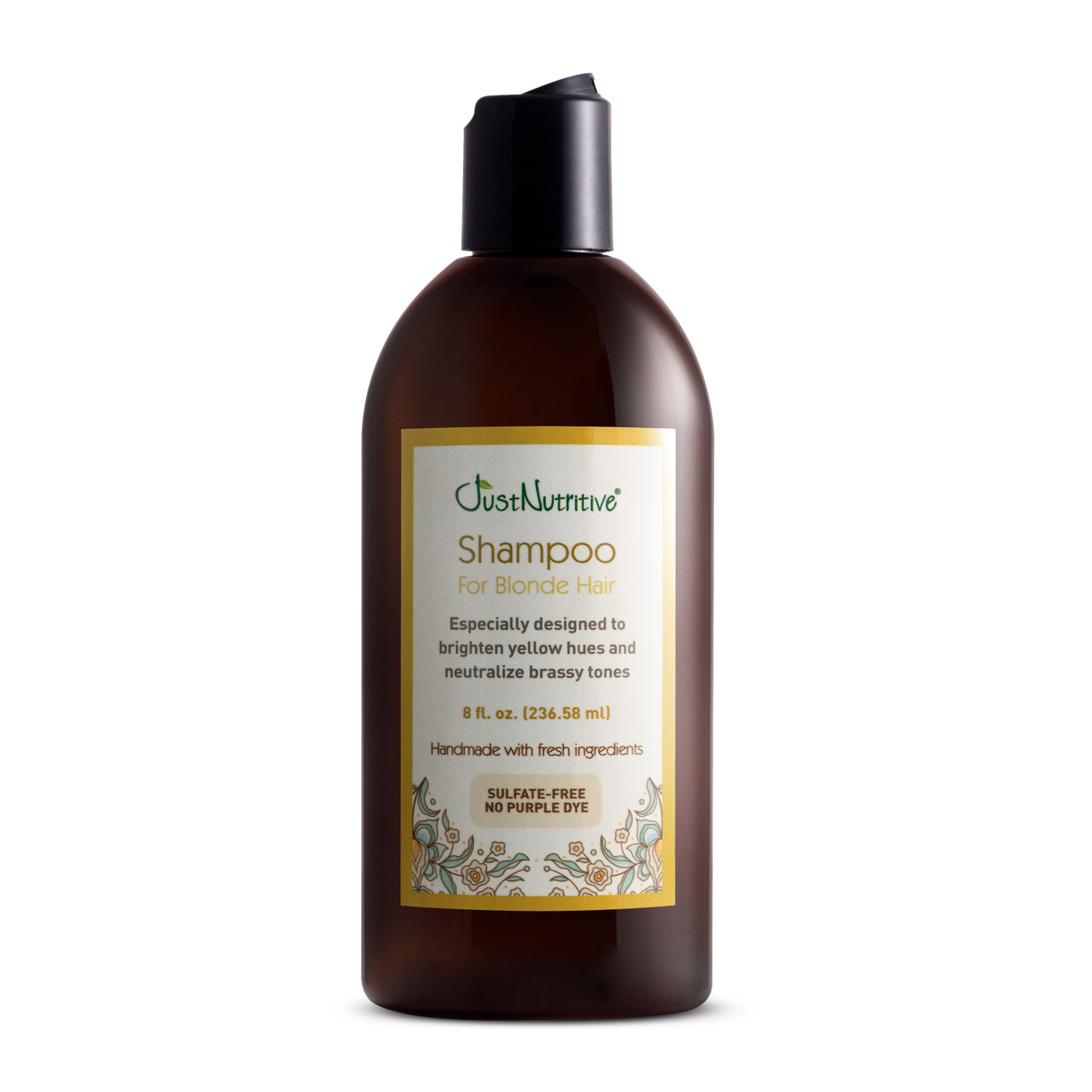 Brown shampoo bottle with a label on a white background