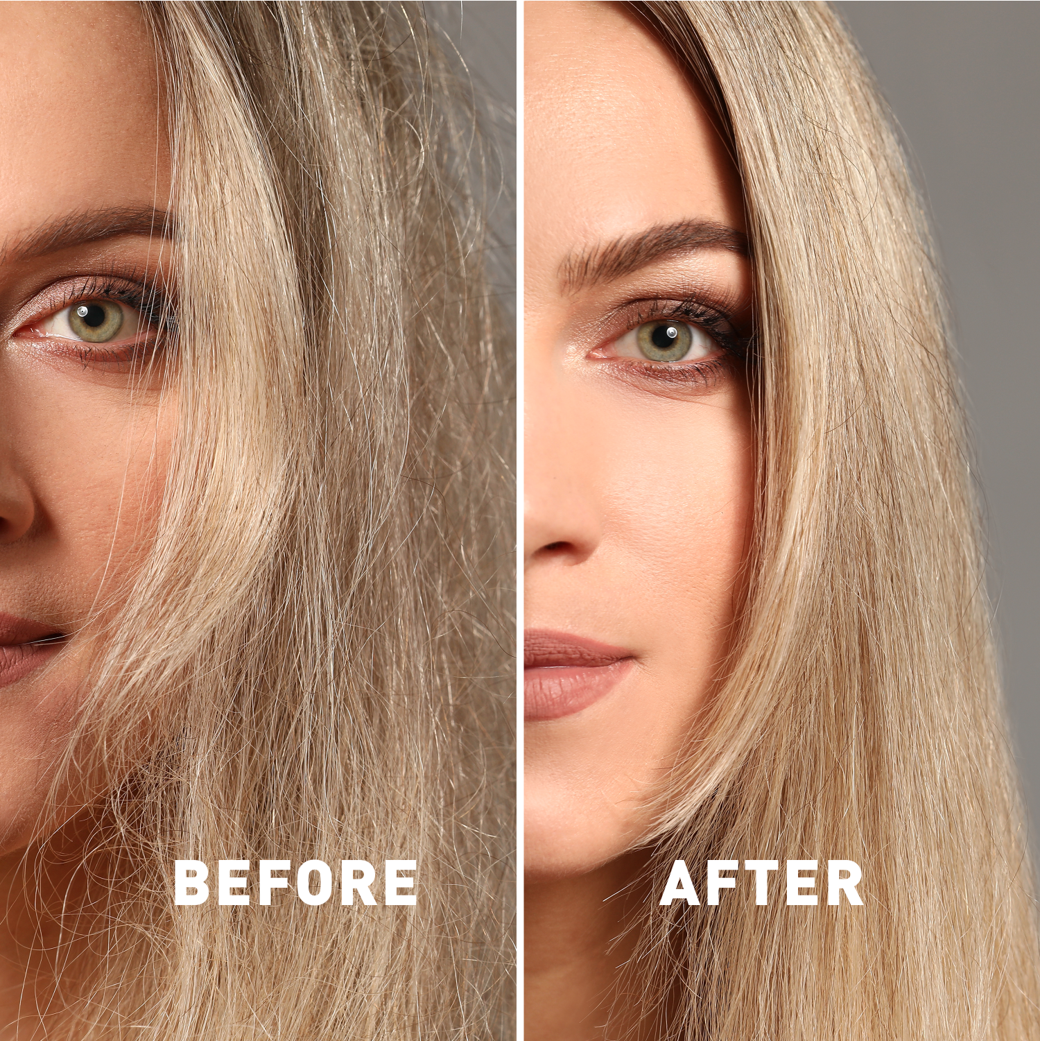 Before and after comparison of a woman's hair color transformation.