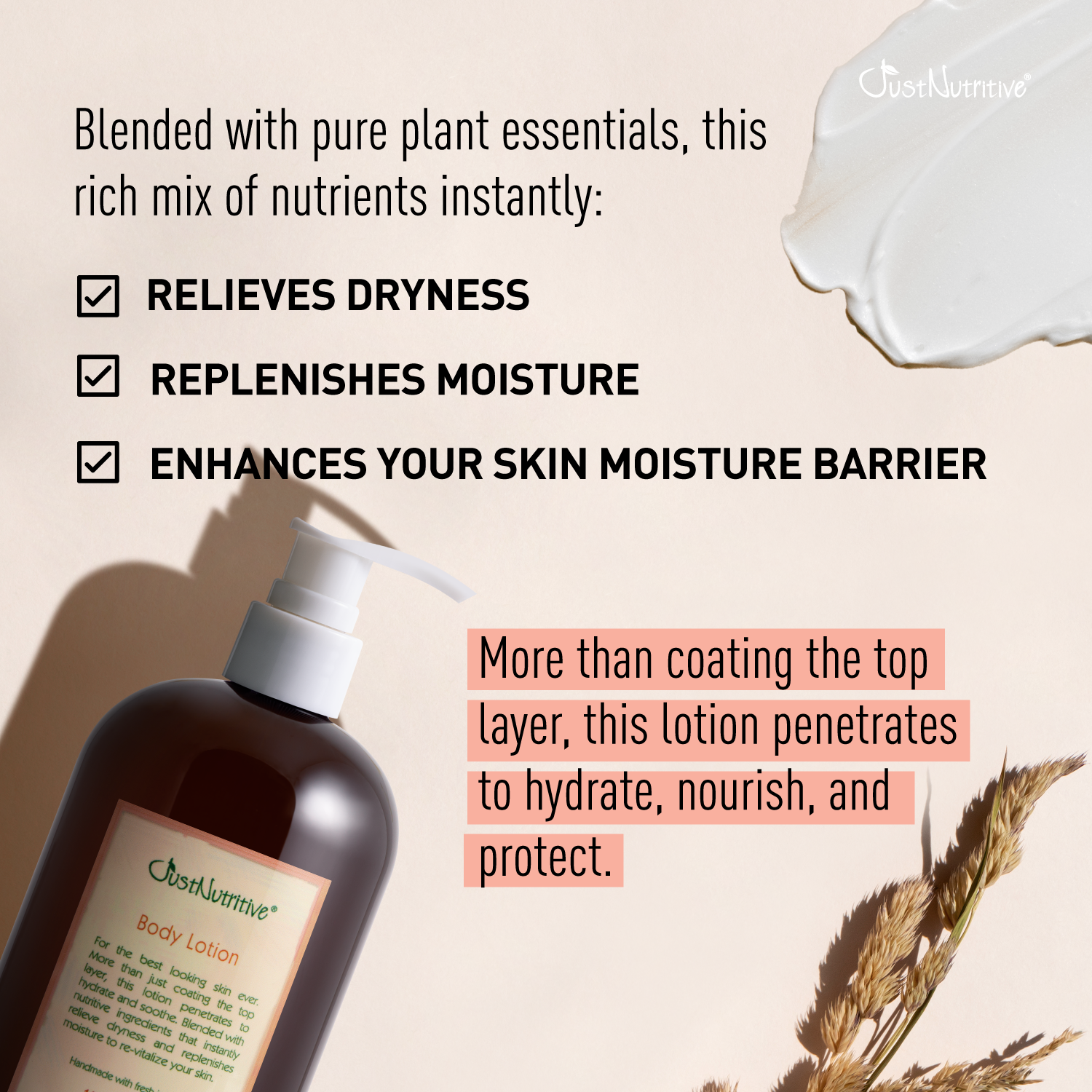 Body lotion bottle with text about its benefits on a beige background
