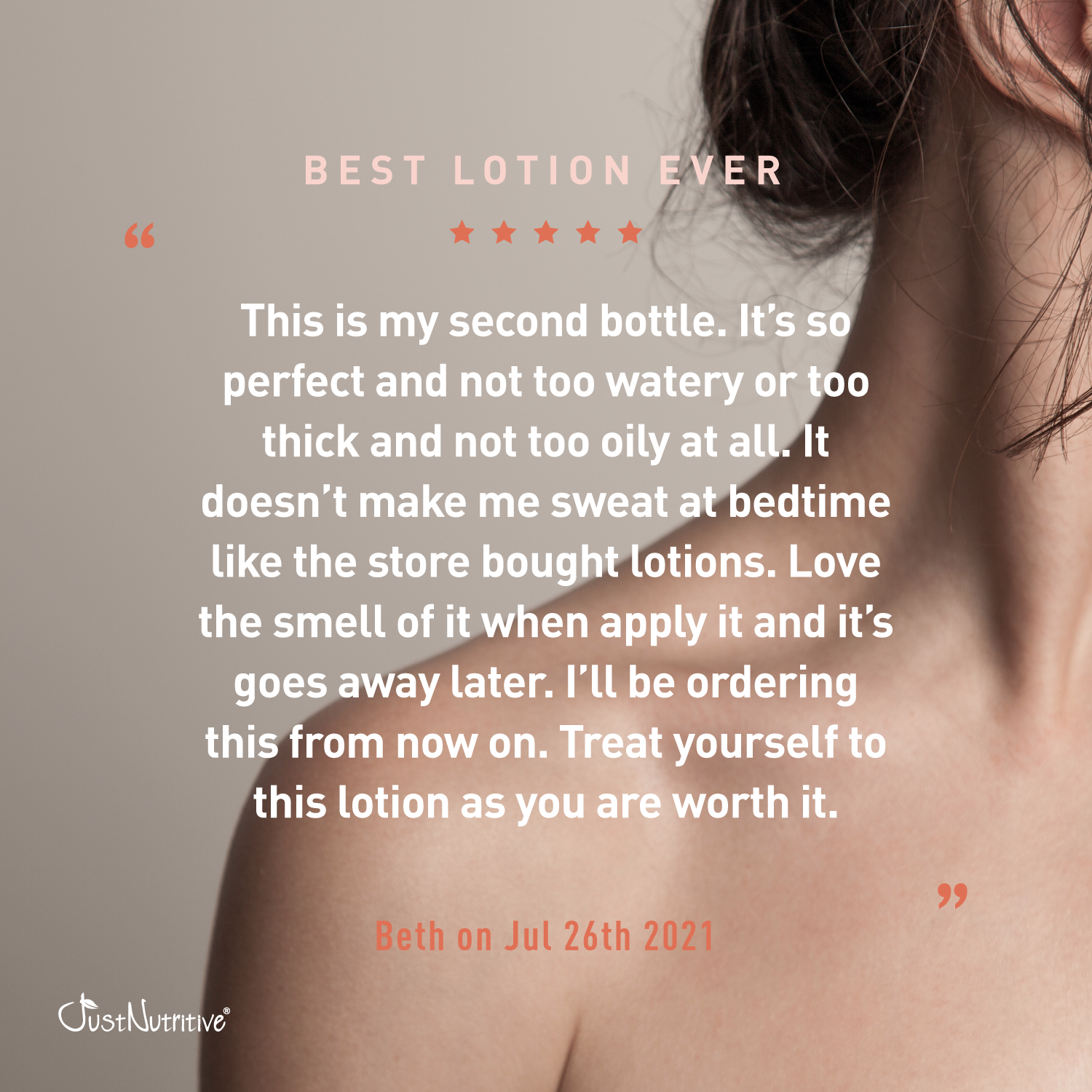Product review of a lotion with a neutral background and text overlay.