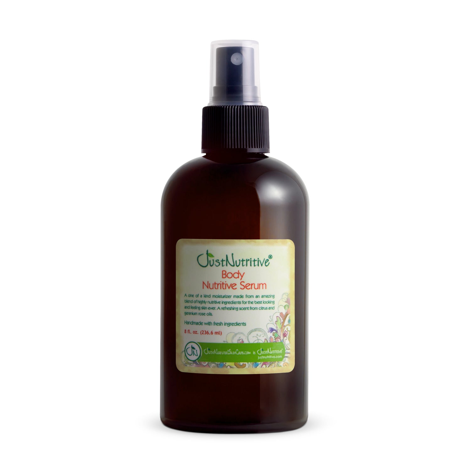 Brown bottle of body nutritive serum with a label on a white background