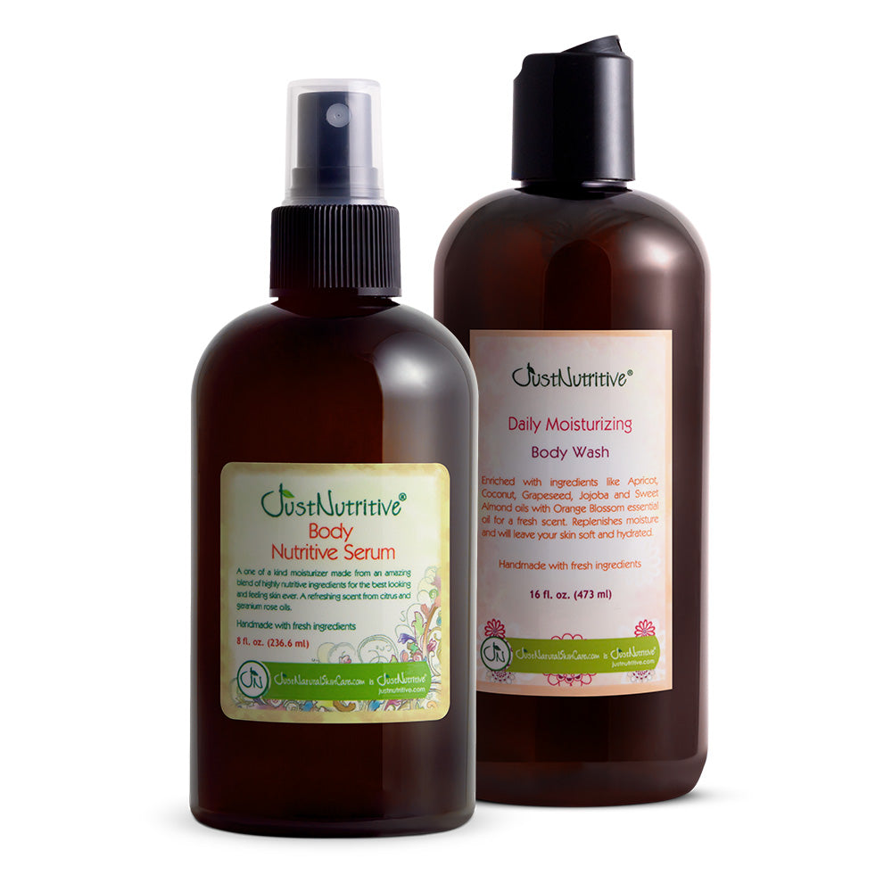 Two bottles of Just Nutritive skincare products on a white background