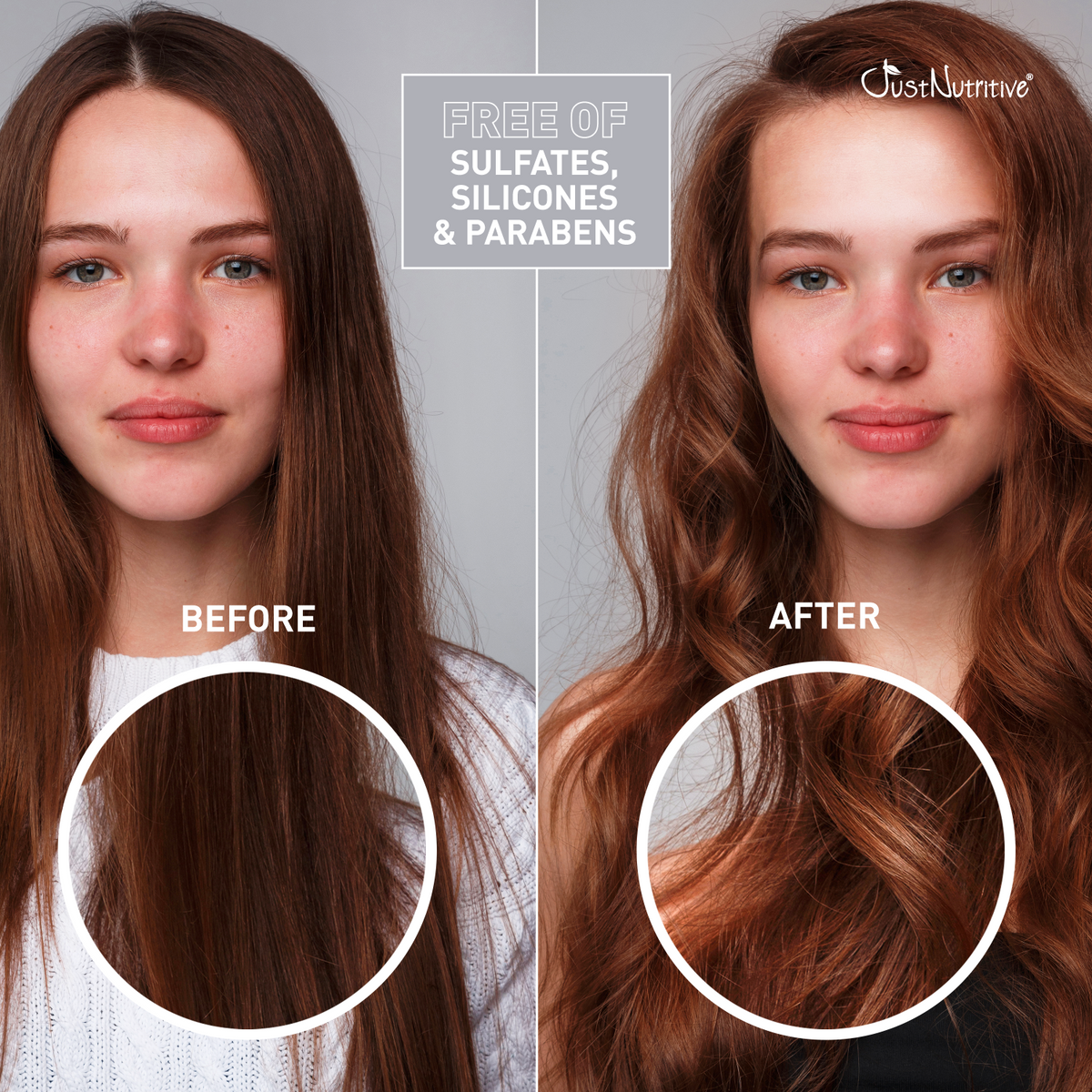Before and after comparison of hair color with a brand name on a gray background