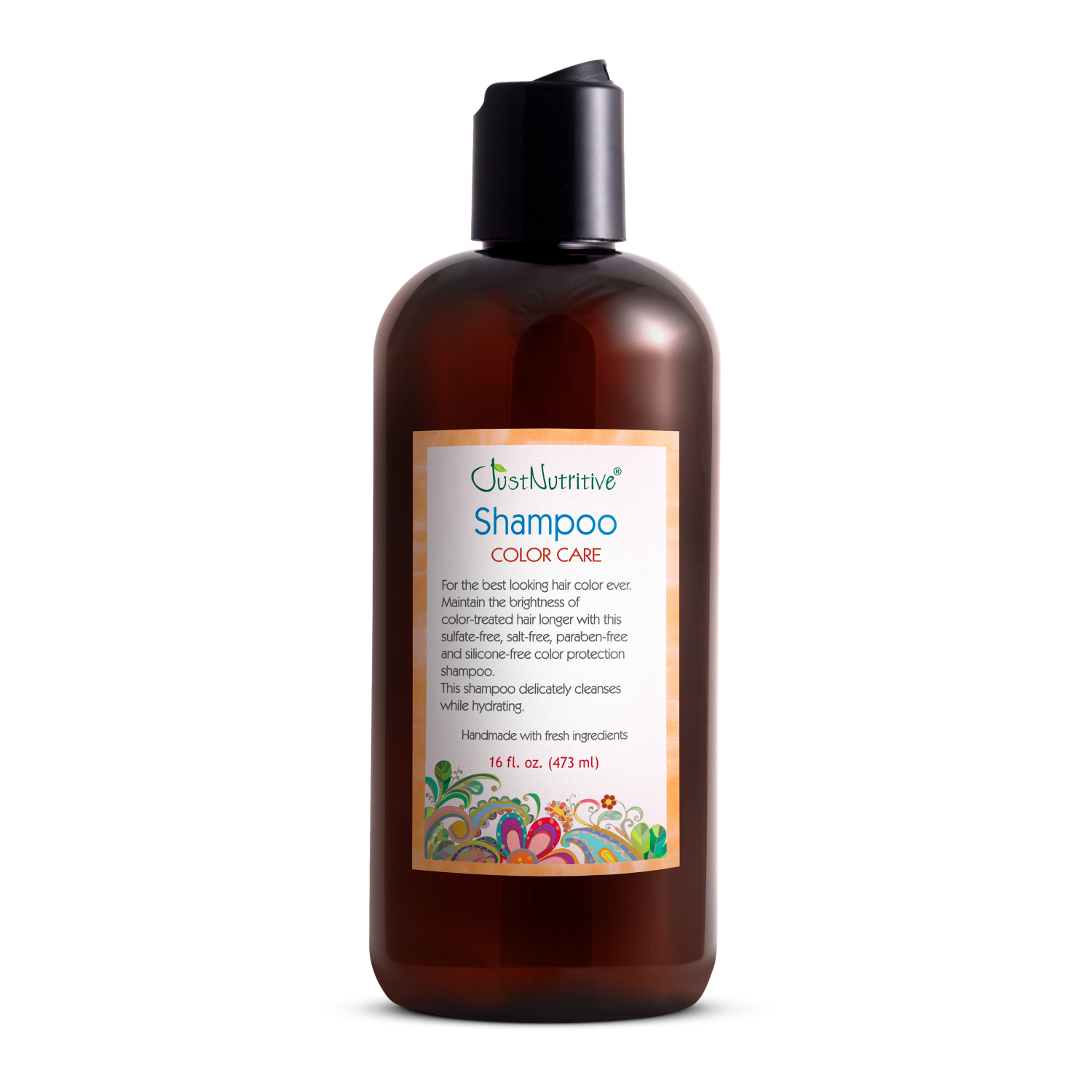 Brown shampoo bottle with a colorful label on a white background