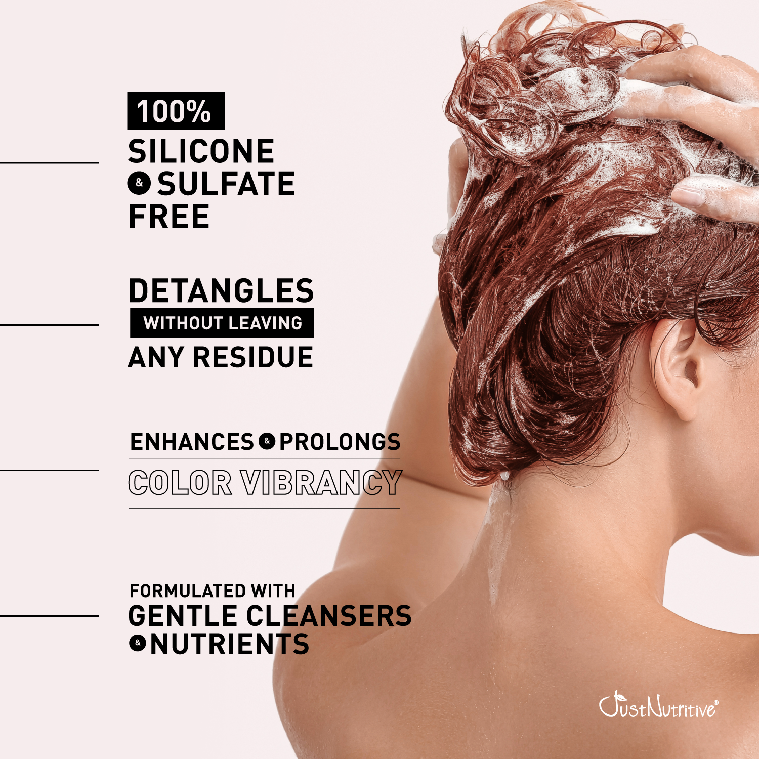 Person washing hair with text highlighting product features on a white background