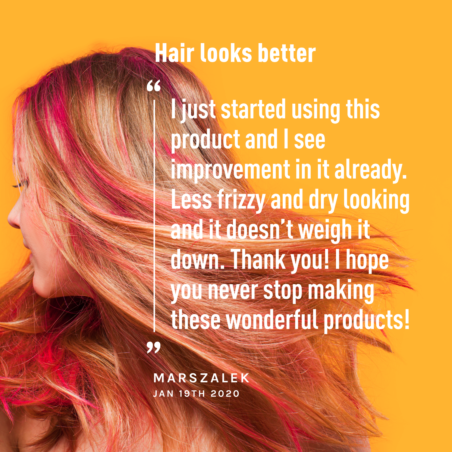 Person with styled hair on a yellow background with a testimonial quote.