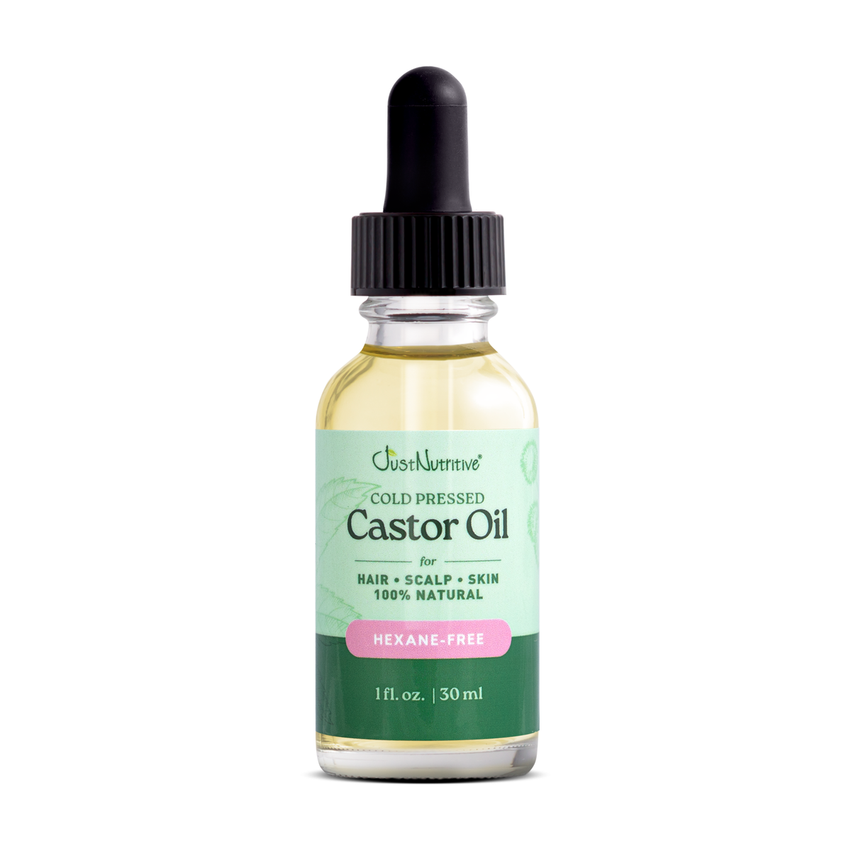 Bottle of castor oil with a dropper on a white background