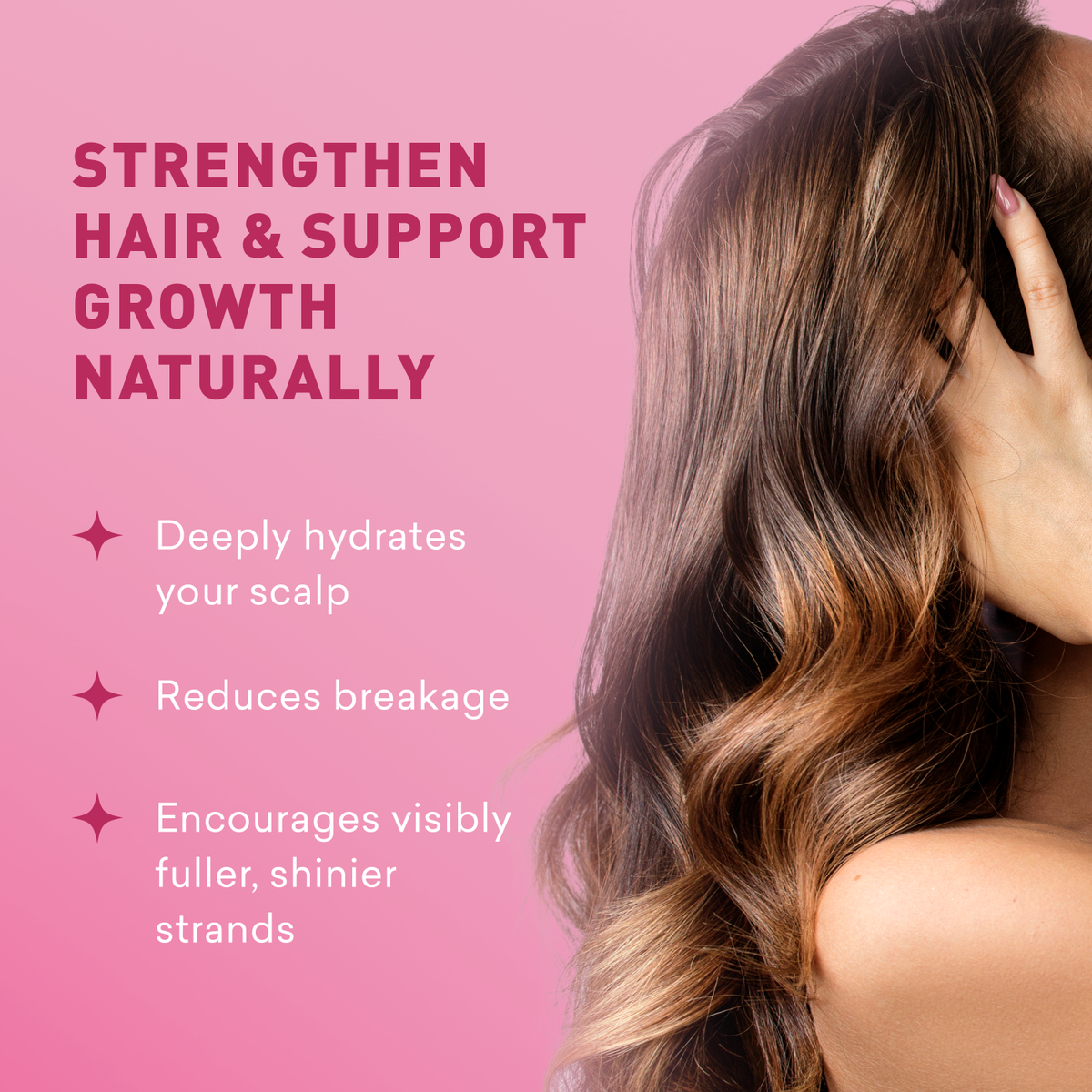 Woman with long, wavy hair against a pink background with text about hair care.