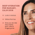 Woman with radiant skin on a pink background with text about deep hydration for skin.