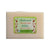 Bar of clear body soap with a green label on a white background