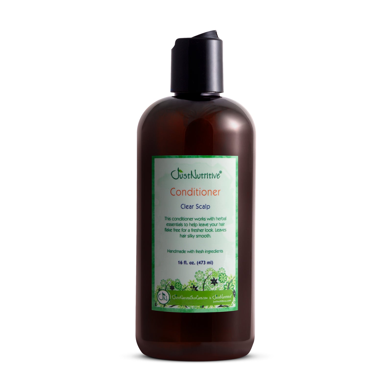 Brown conditioner bottle with a green label on a white background