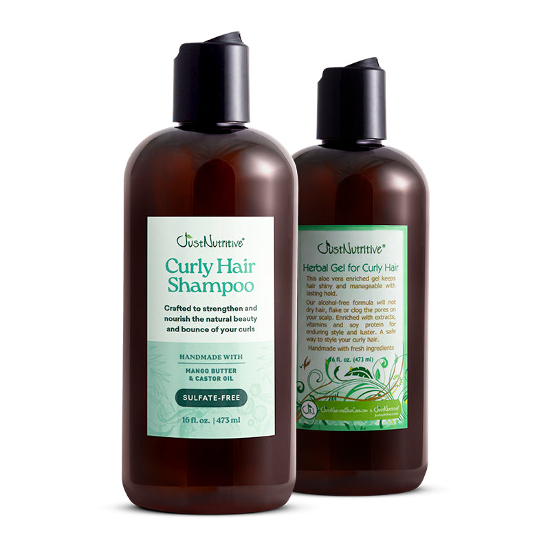 Two bottles of Curly Hair Shampoo and Herbal Gel for Curly Hair by Just Nutritive on a white background.