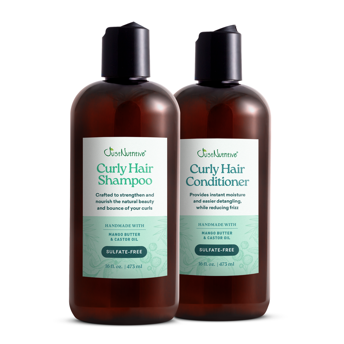 Two bottles of Curly Hair Shampoo and Conditioner on a white background