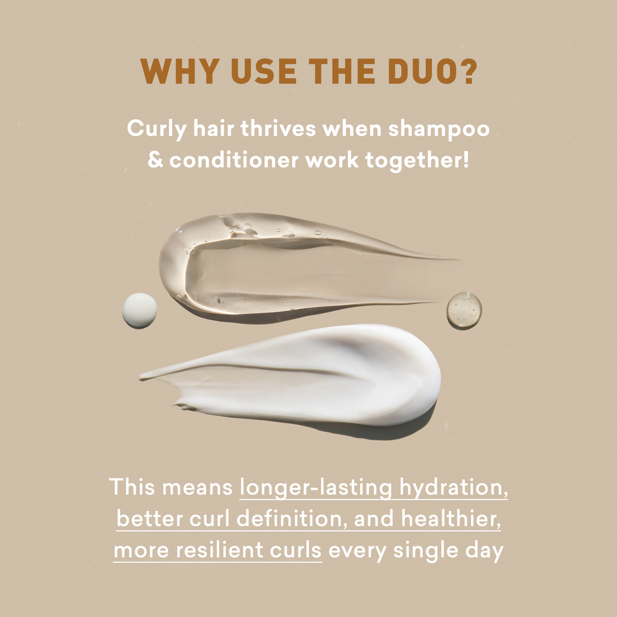 Shampoo and conditioner product display with text on a beige background