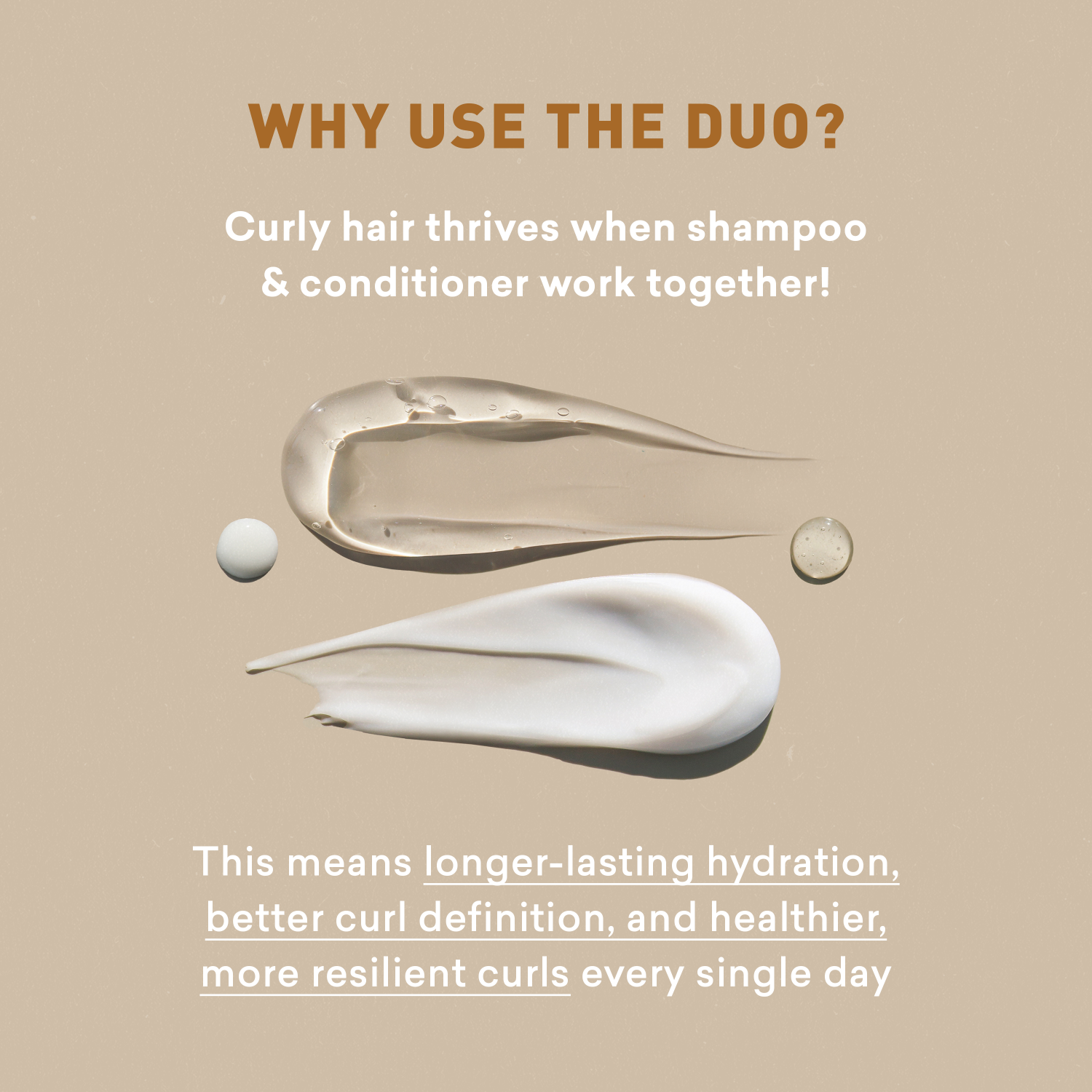 Shampoo and conditioner product display with text on a beige background