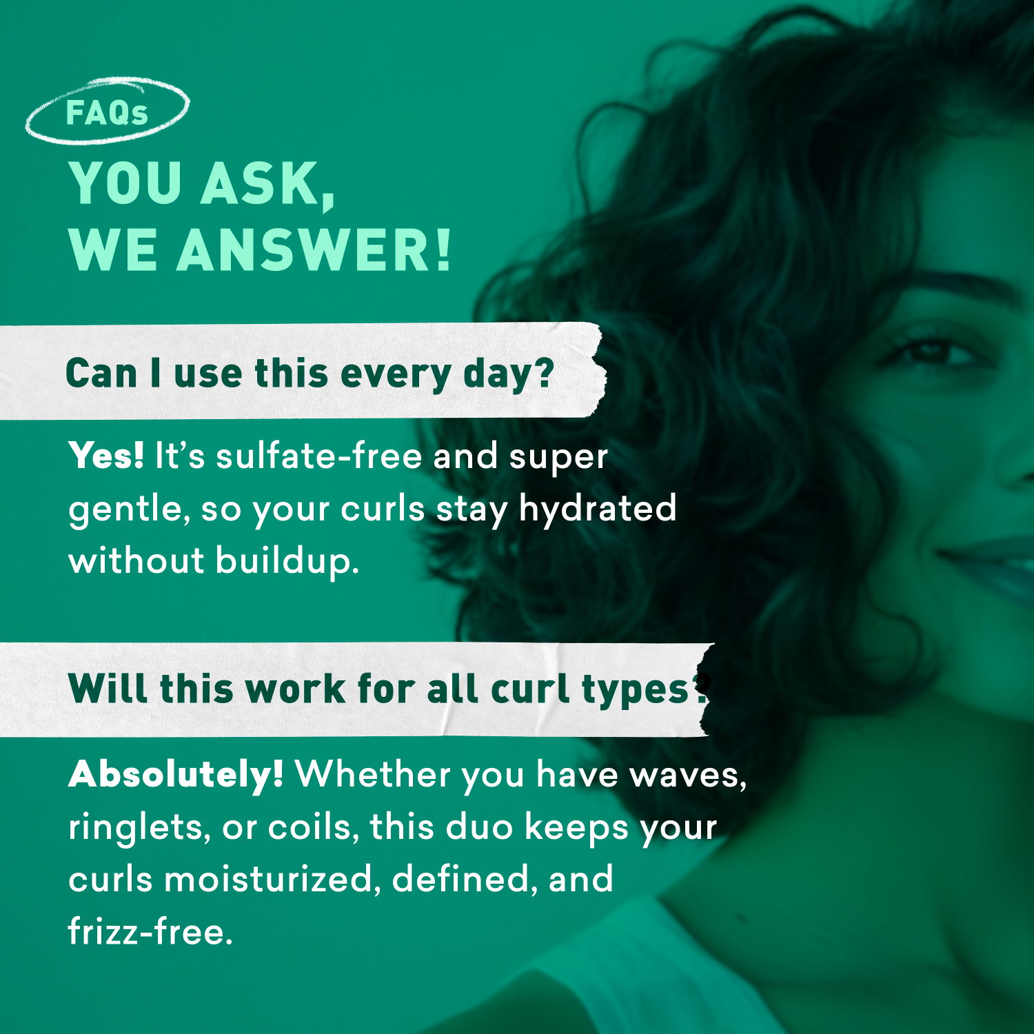 Product advertisement with text about daily use and suitability for all curl types on a green background.
