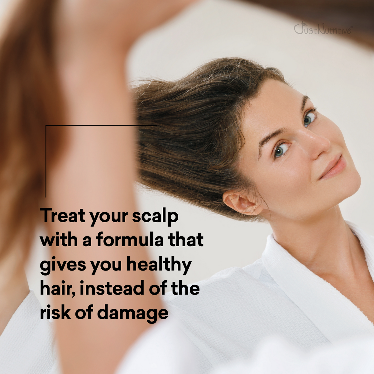 Woman with a towel on her head looking at herself in the mirror with text about scalp care.