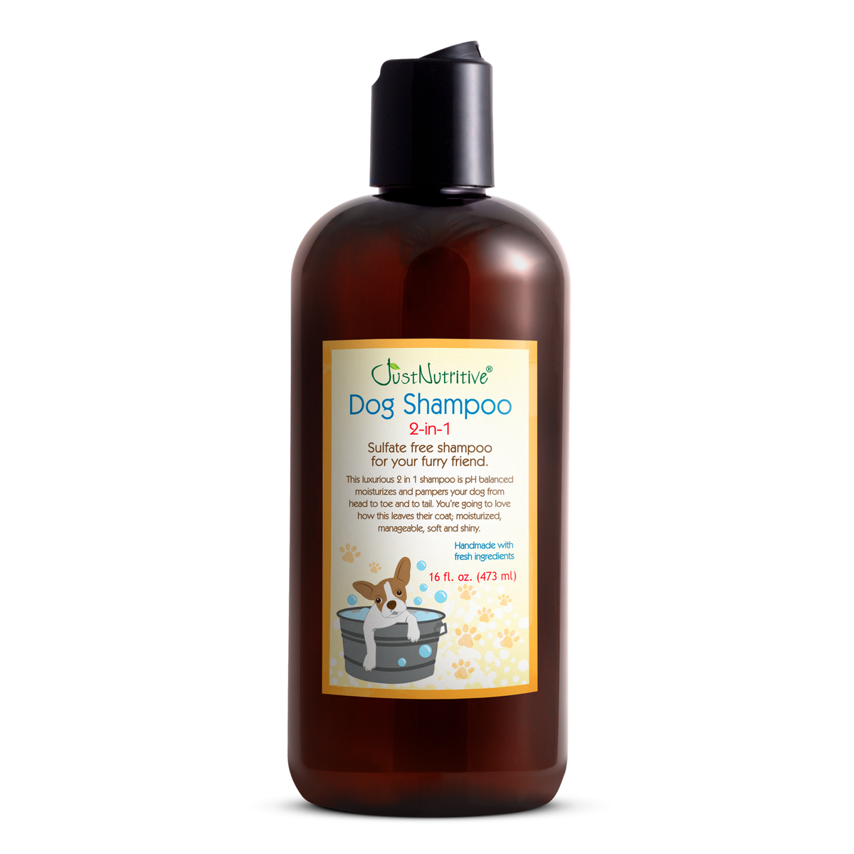 Brown bottle of dog shampoo with a label on a white background
