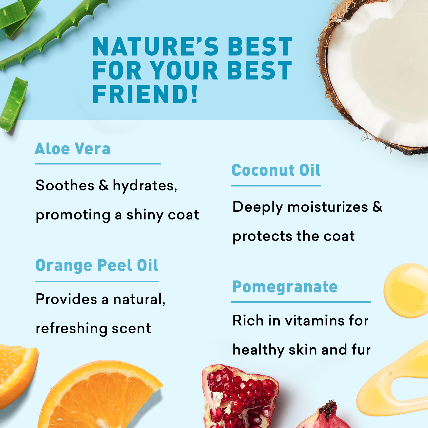Product advertisement with aloe vera, coconut oil, orange peel oil, and pomegranate on a blue background.