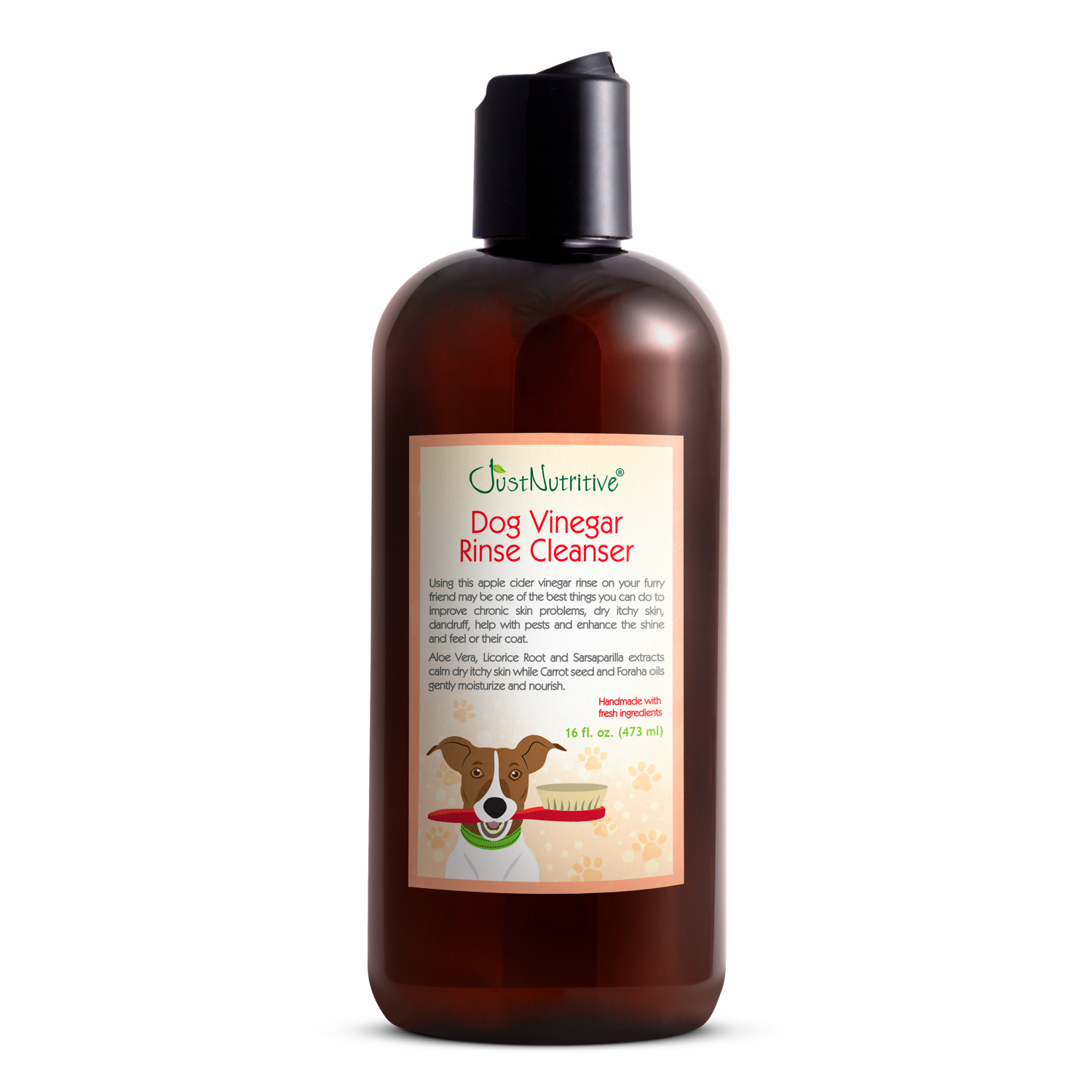 Dog vinegar rinse cleanser bottle with label on a white background
