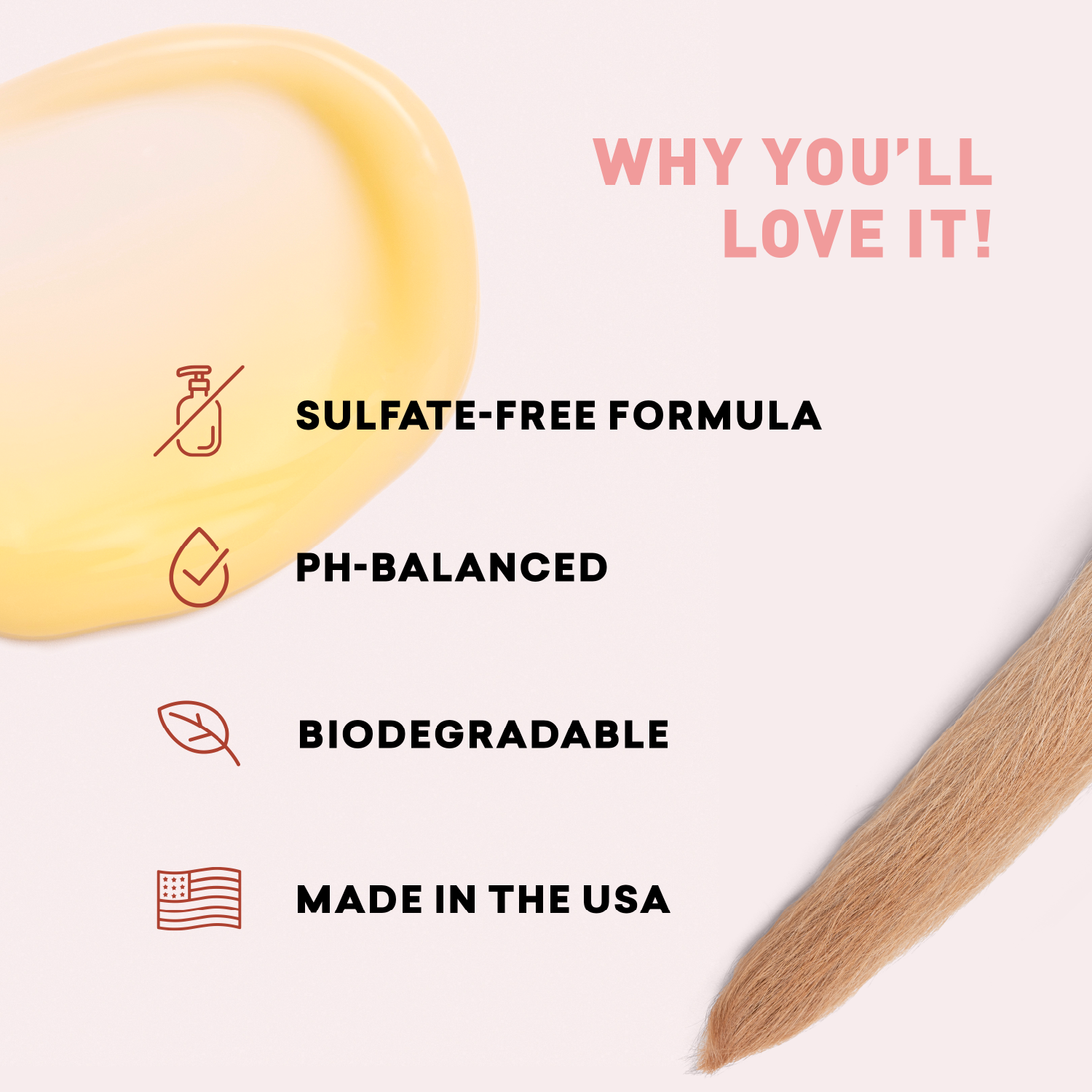 Product with features listed as 'Sulfate-Free Formula', 'PH-Balanced', 'Biodegradable', and 'Made in the USA' on a white background.