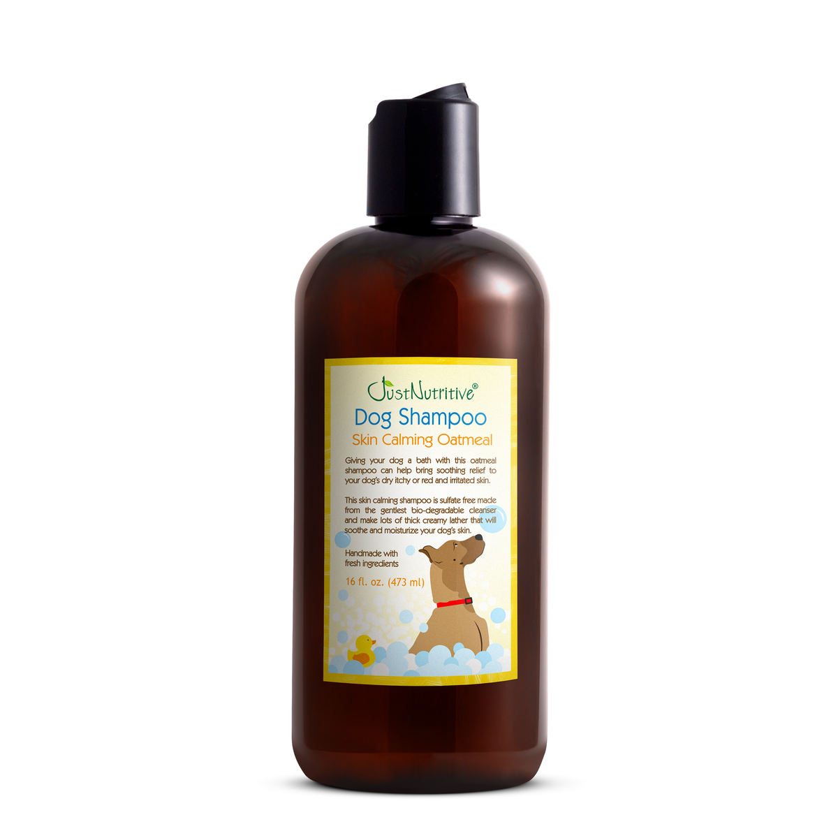 Brown bottle of dog shampoo with a label on a white background