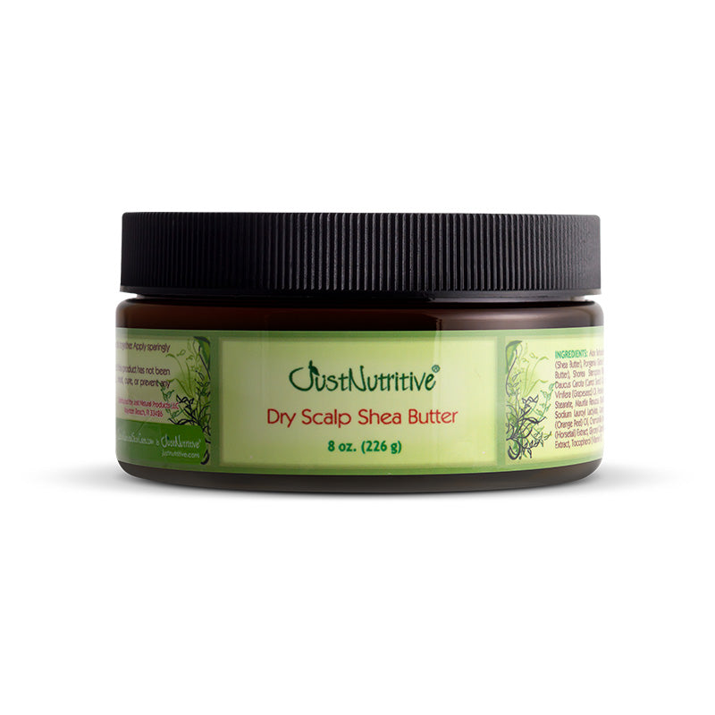 Jar of Just Nutritive Dry Scalp Shea Butter on a white background